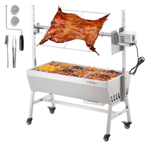 VEVOR - Asador eléctrico de acero inoxidable con motor de 42 W y ruedas bloqueables, capacidad de 39,5 kg, para barbacoa, cerdo entero, cordero, cabra, carbón, para acampar al aire libre