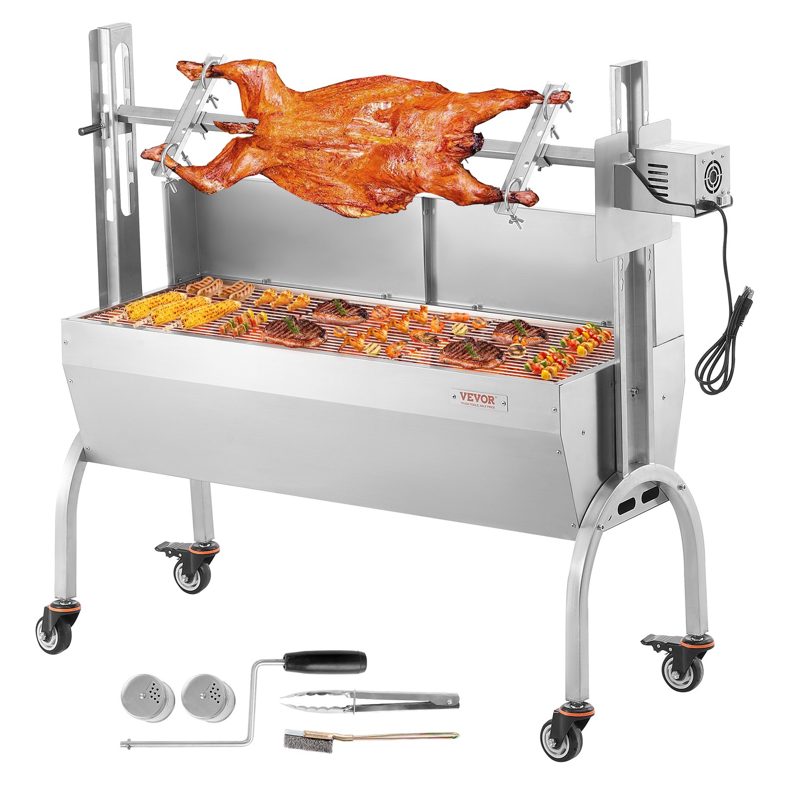 VEVOR Lamb Grill, Suckling Pig Grill, Spit Roast Grill, 90 kg Rollable BBQ Charcoal Spit Grill for Pork, Lamb, Goat, 52W Electric Motor, Stainless Steel Rotisserie Roaster with Windshield
