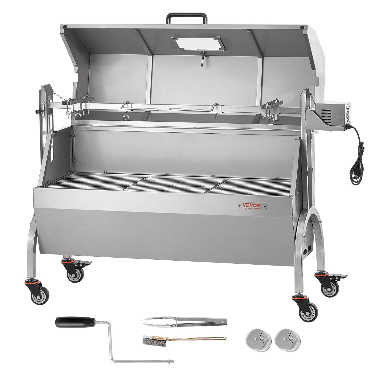 VEVOR Lamb Grill, Suckling Pig Grill, Spit Roast Grill, 90 kg BBQ Charcoal Spit Grill for Whole Pig, Lamb, Goat, 52W Electric Motor, Stainless Steel Rotisserie Roaster with Lockable Wheels