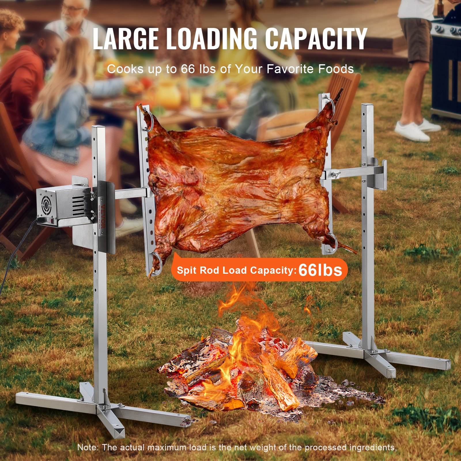 VEVOR Parrilla de Cordero 60 kg Parrilla de Barbacoa para Cerdo, Cordero, Cabra, Motor eléctrico de 52 W Asador Comercial de Acero Inoxidable con Escudo térmico, Longitud de asador de 116 cm