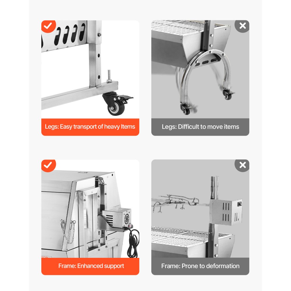 VEVOR Lamb Grill, Suckling Pig Grill, Spit Roast Grill, 130 kg BBQ Spit Grill (60 W) for Pork, Lamb, Goat, Commercial Rotisserie Roaster with Lockable Wheels, for Outdoor Camping Grilling