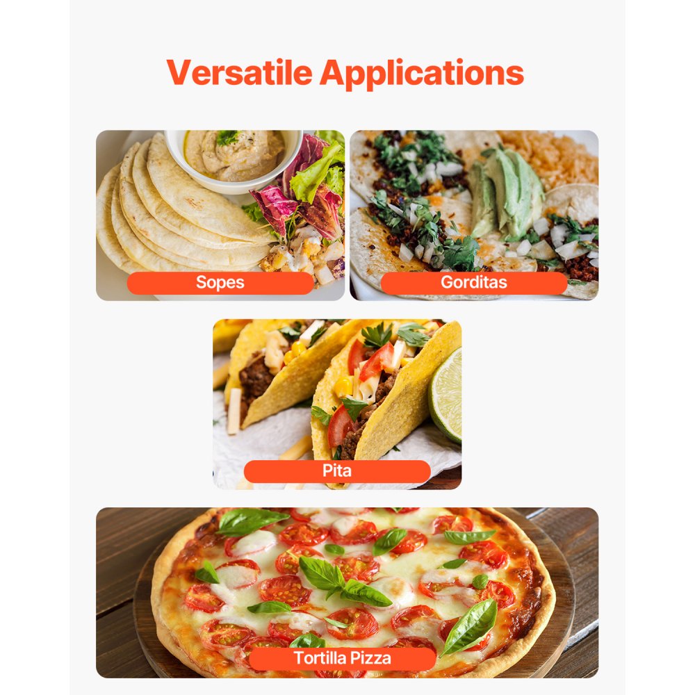 VEVOR Máquina Eléctrica para Hacer Tortillas de Maíz con Revestimiento Antiadherente y Dos Moldes, Adecuada para Productos como Sopas, Pita, Tortillas y Pizza, Chapatti, 710 x 490 x 450 mm