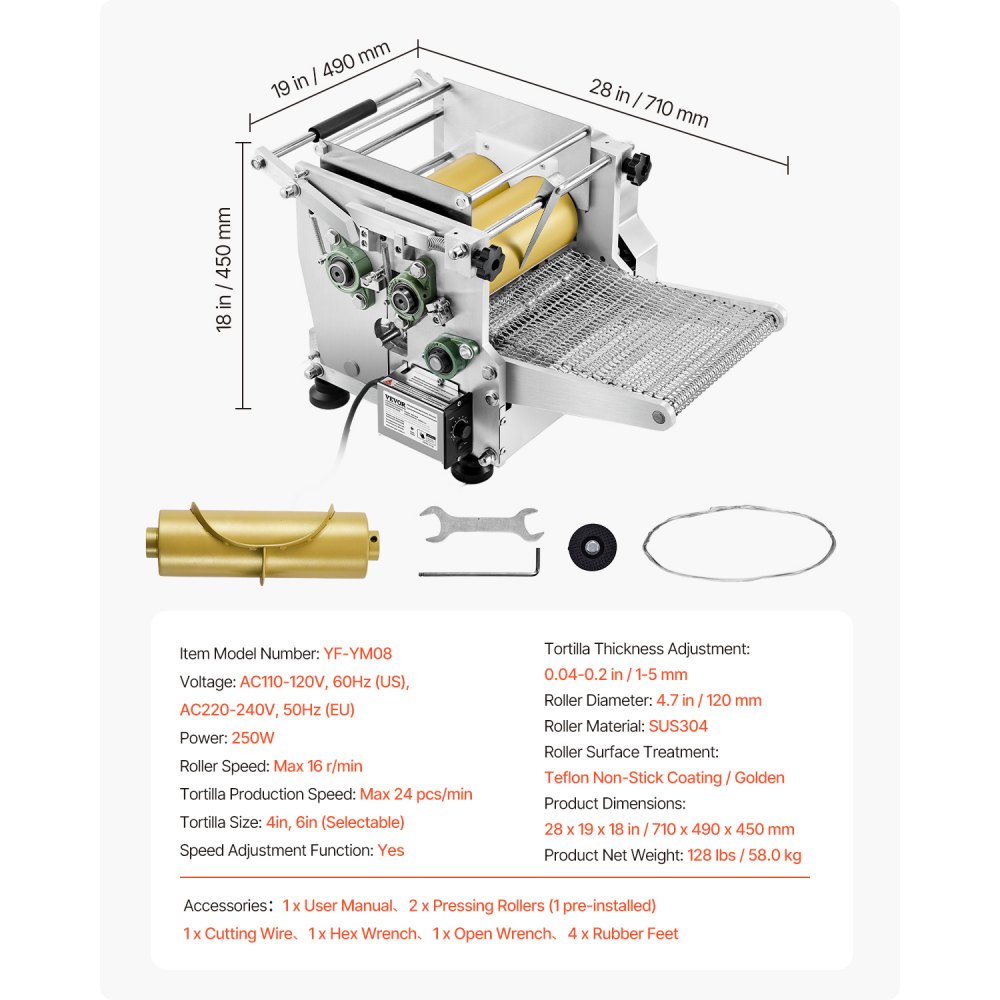 VEVOR Máquina Eléctrica para Hacer Tortillas de Maíz con Revestimiento Antiadherente y Dos Moldes, Adecuada para Productos como Sopas, Pita, Tortillas y Pizza, Chapatti, 710 x 490 x 450 mm