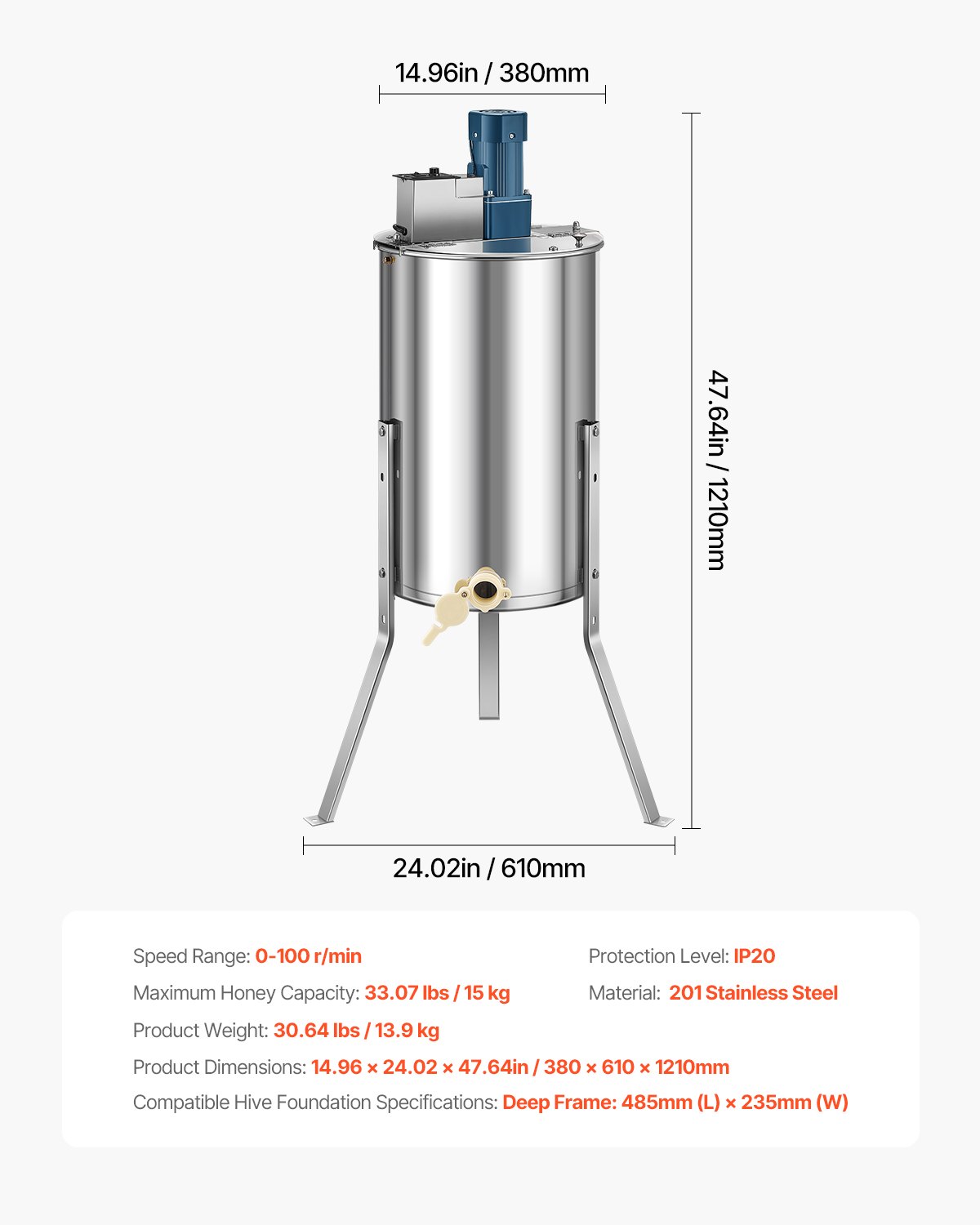VEVOR Extractor de Miel Eléctrico de Acero Inoxidable 380 mm Centrífuga Separador de Miel 3 Marcos con Tapa Transparente 140 W Altura Ajustable 30-38 cm Equipo de Extracción de Panal para Apicultura