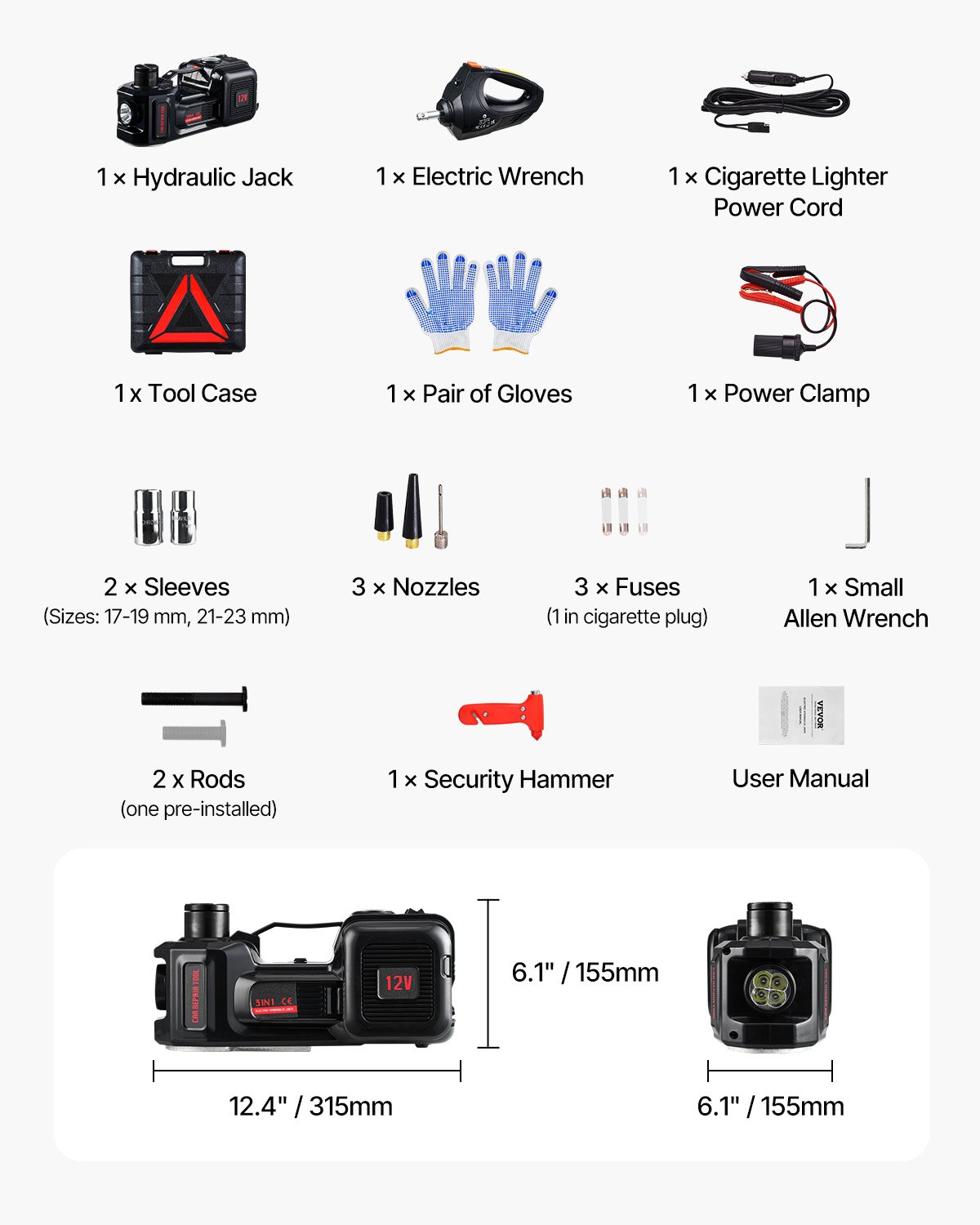VEVOR Gato Eléctrico Portátil para Automóvil, 5 Toneladas, Gato de Tijera Eléctrico con Inflador Incorporado, 12 V con Llave de Impacto Eléctrica y Luz LED, para Sedán, SUV, Camión, 315 x 155 x 155 mm