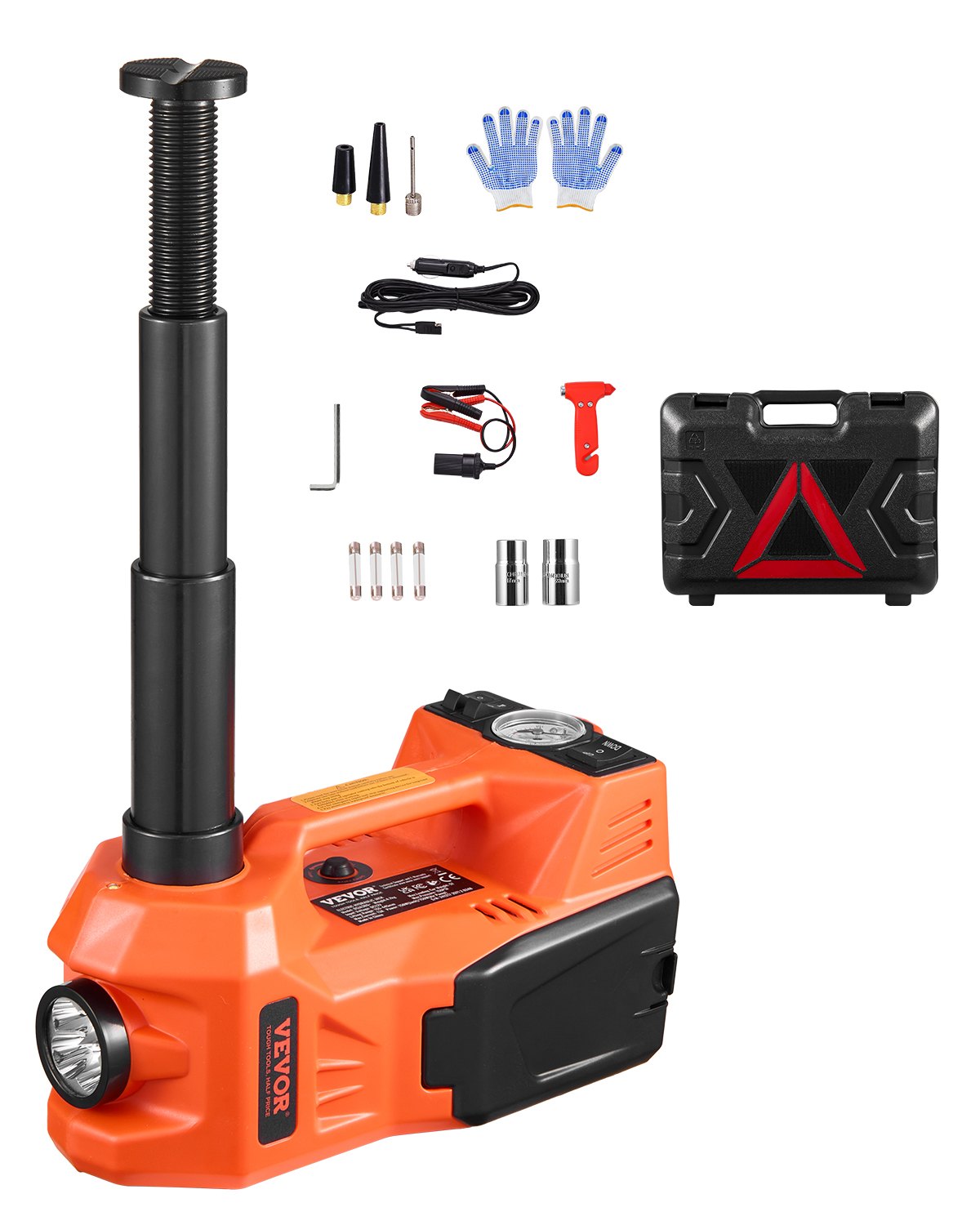 VEVOR Gato Eléctrico para Automóvil, 5 Toneladas, con Inflador Incorporado, Reemplazo de Neumáticos Ajustable de 12 V con Martillo Seguro y Luz LED, para Sedán, SUV, Camión, 390 x 301 x 186 mm