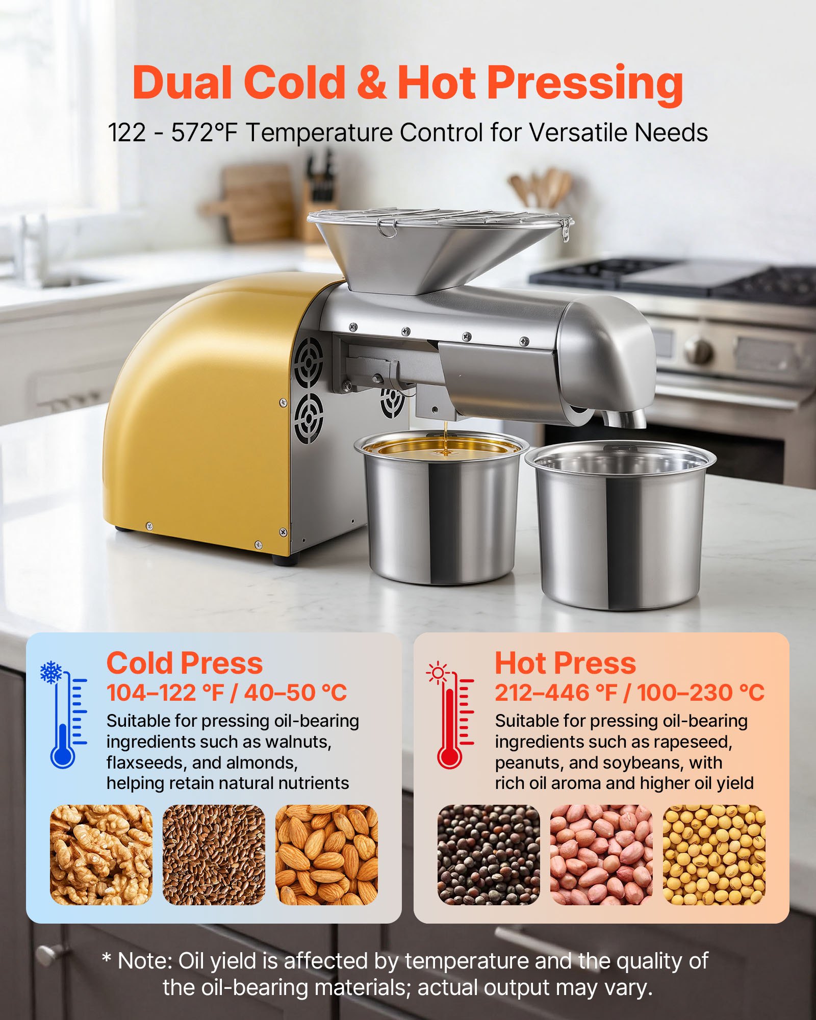 VEVOR Prensa de Aceite Eléctrica 1250 W, Máquina de Prensado de Aceite 5 kg/h, Prensado en Caliente y Frío 50-300 °C, Extractor de Acero Inoxidable, Uso Doméstico y Comercial, para Cacahuetes, Soja