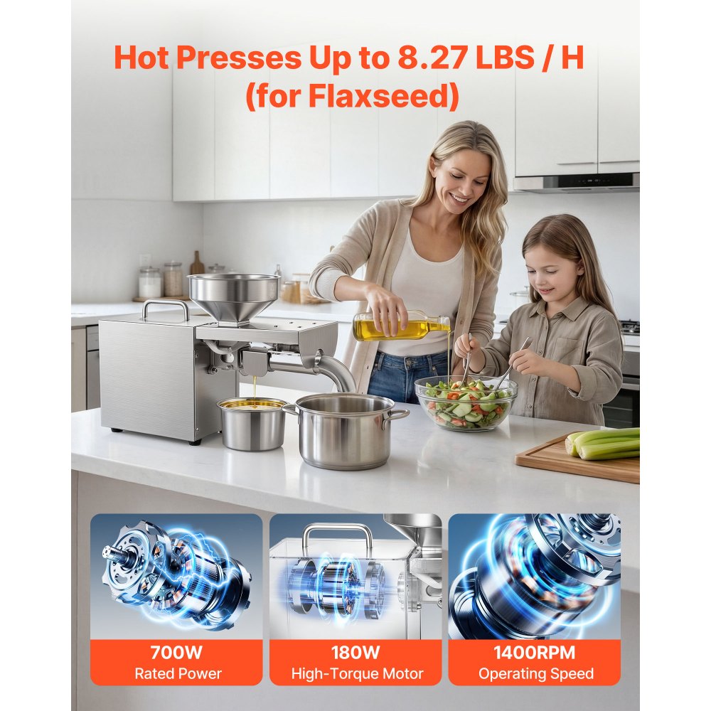 VEVOR Prensa de Aceite Eléctrica 700 W, Máquina de Prensado de Aceite 3,75 kg/h, Prensado en Caliente a 230 °C, Extractor de Acero Inoxidable, Uso Doméstico y Comercial, para Cacahuetes, Soja