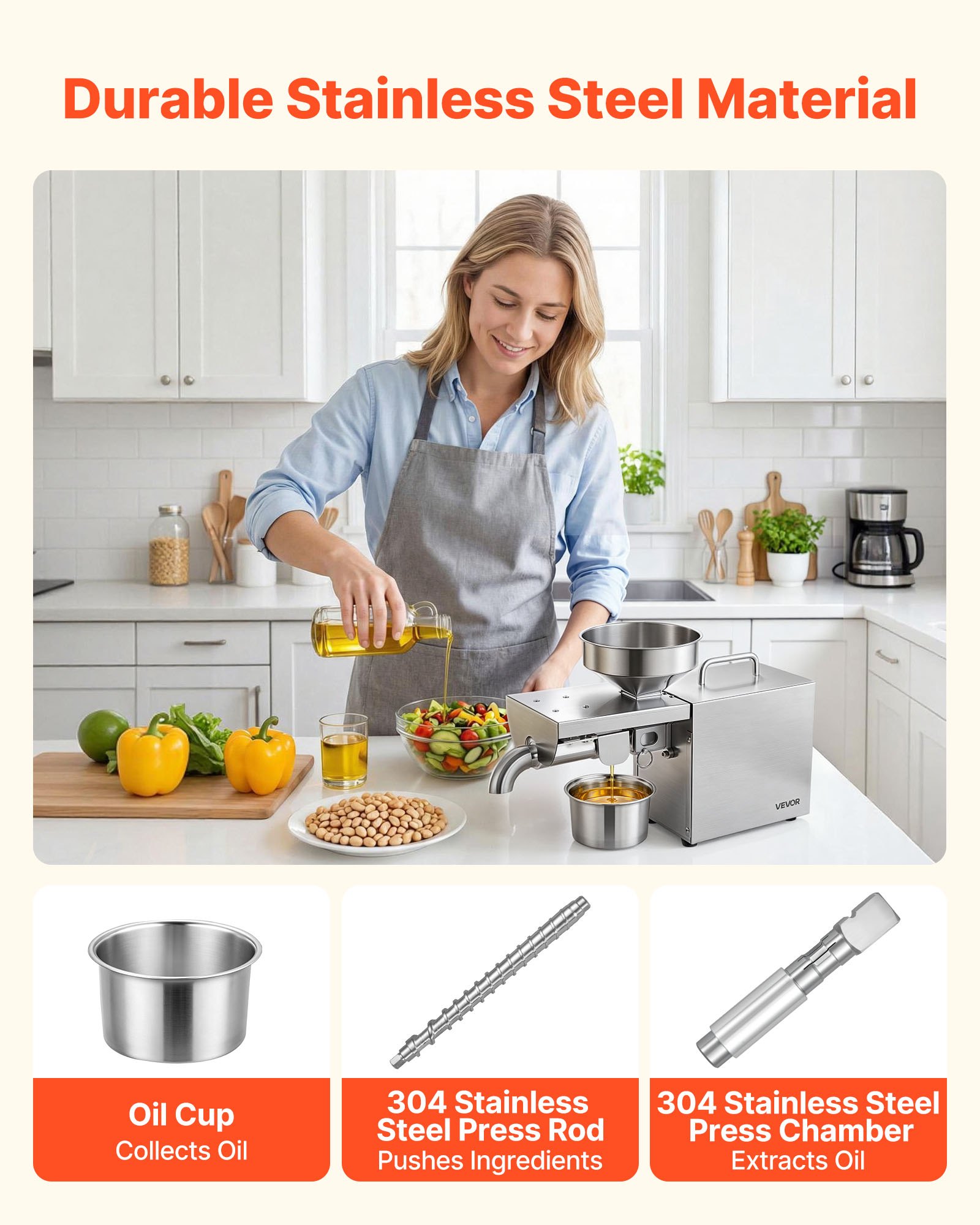 VEVOR Prensa de Aceite Eléctrica 700 W, Máquina de Prensado de Aceite 3,75 kg/h, Prensado en Caliente a 230 °C, Extractor de Acero Inoxidable, Uso Doméstico y Comercial, para Cacahuetes, Soja