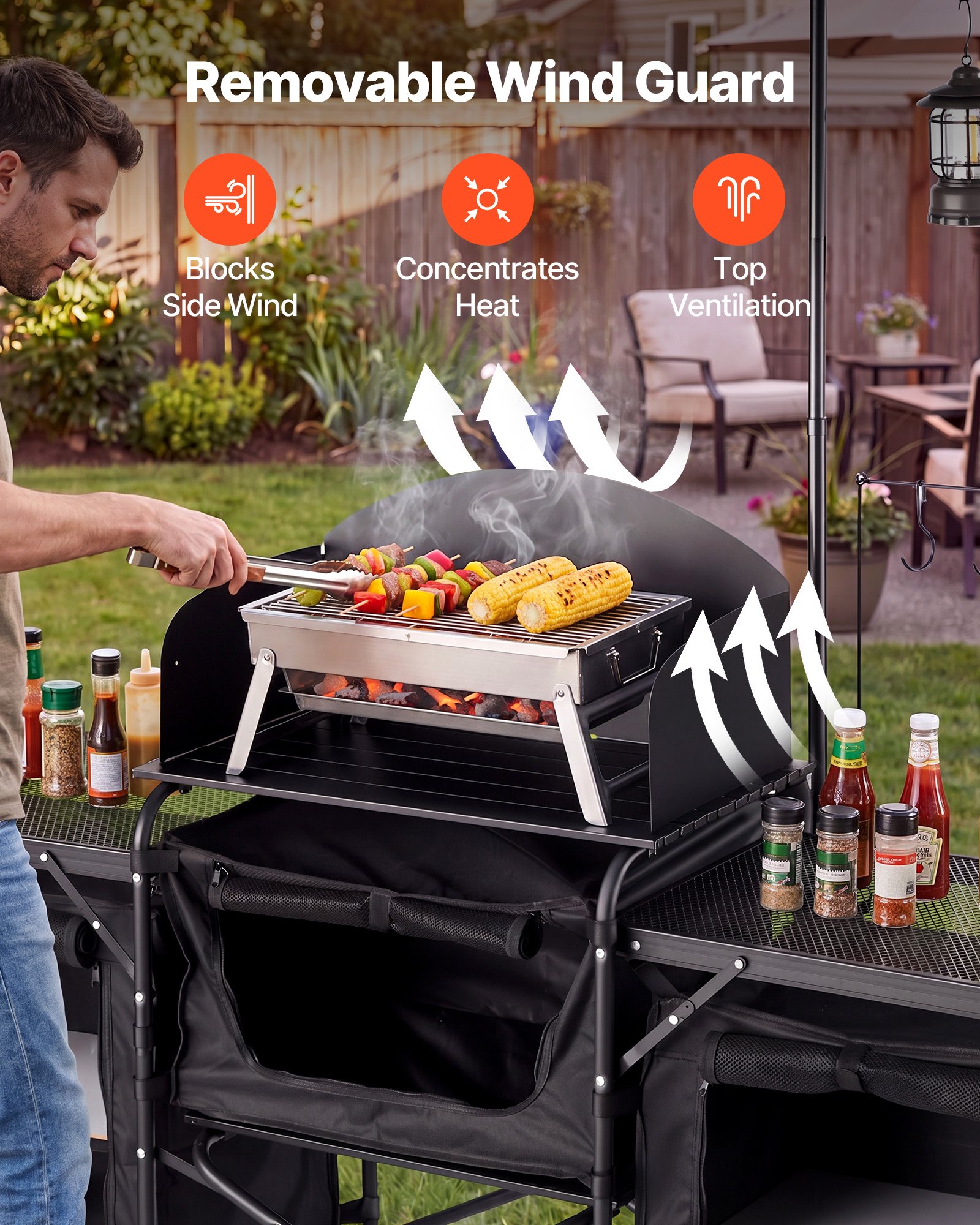 VEVOR Cocina de Camping Plegable 177 x 45 x 80 cm, Mesa de Cocina para Acampar con Protector contra Viento y Bolsa de Transporte, Mueble de Camping para Picnic, Barbacoa, Viajes en Autocaravana