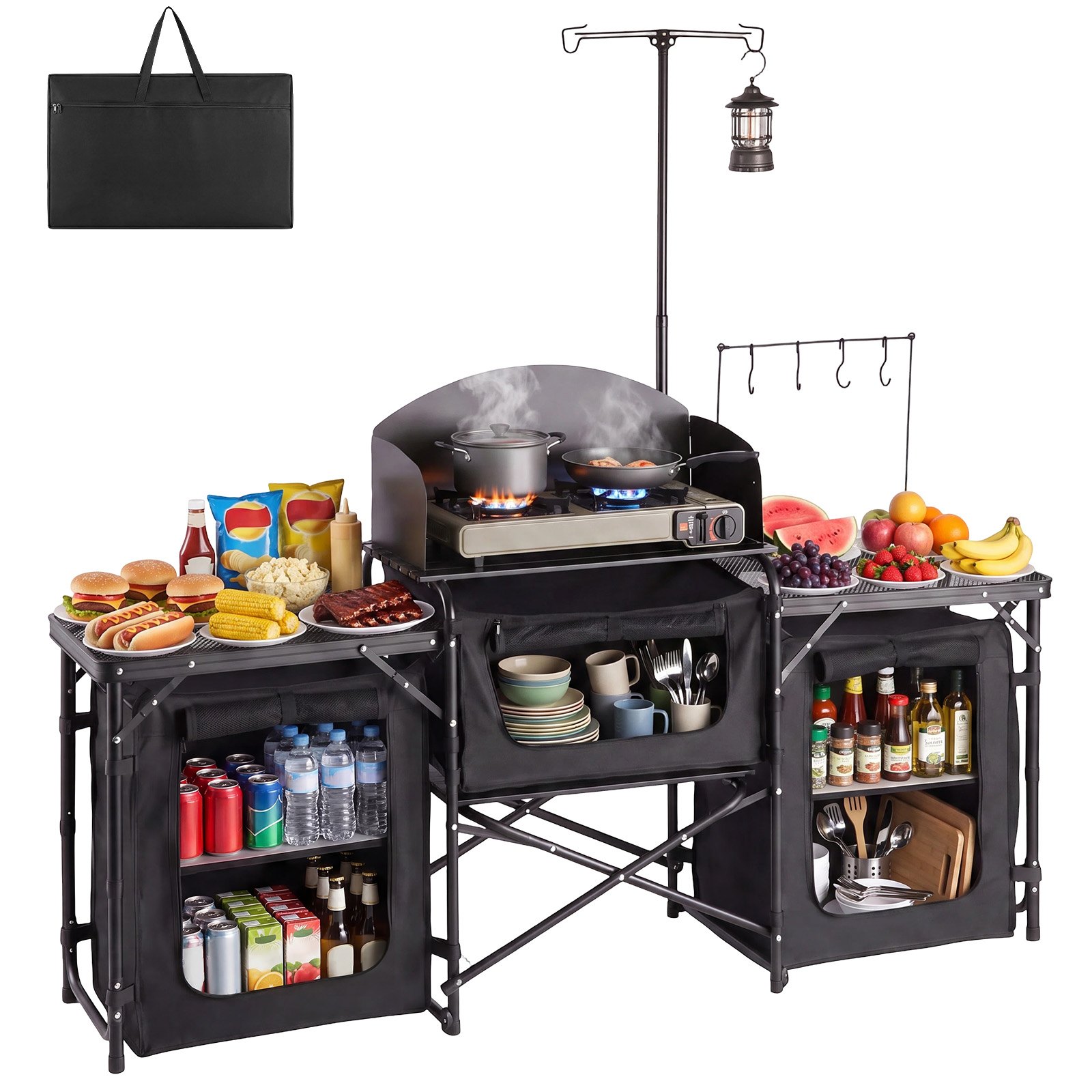 VEVOR Cocina de Camping Plegable 177 x 45 x 80 cm, Mesa de Cocina para Acampar con Protector contra Viento y Bolsa de Transporte, Mueble de Camping para Picnic, Barbacoa, Viajes en Autocaravana