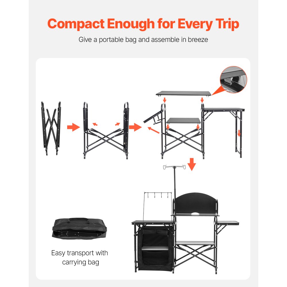 VEVOR Camping Kitchen Table Outdoor Cooking Table, Portable Aluminum Cooking Station with Storage Cabinet & Carrying Bag, & Removable Windshield, for BBQ Parties, Picnics, RV Trips, Black