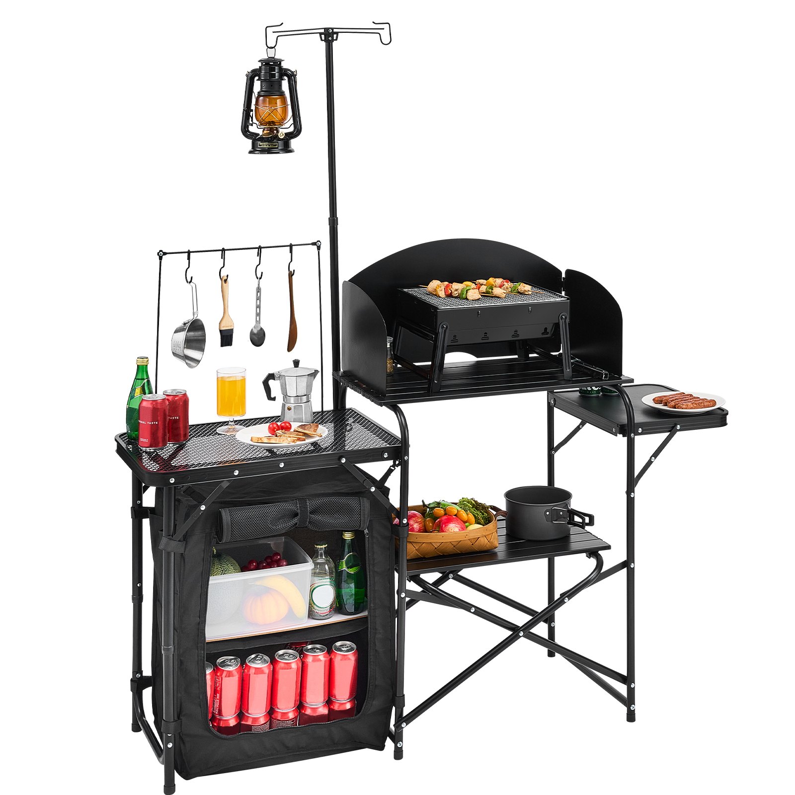 VEVOR Camping Kitchen Table Outdoor Cooking Table, Portable Aluminum Cooking Station with Storage Cabinet & Carrying Bag, & Removable Windshield, for BBQ Parties, Picnics, RV Trips, Black