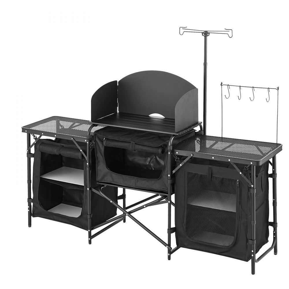 VEVOR Mesa de Cocina Portátil para Acampar, de Aluminio, con 3 Armarios de Almacenamiento, Bolsa de Transporte, Parabrisas Desmontable, Configuración Rápida para Barbacoa, Fiesta, Pícnic, Negro