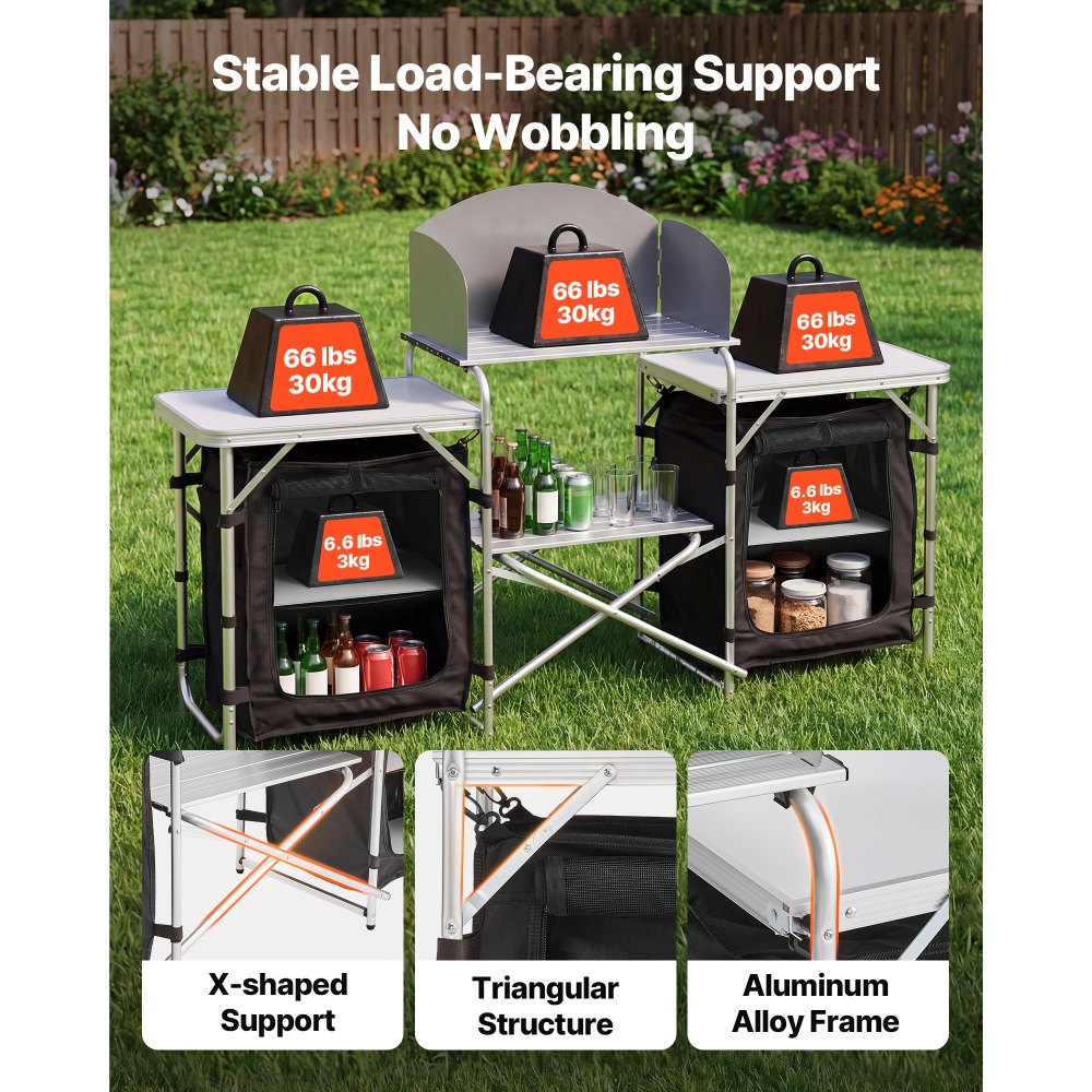 VEVOR Cocina de Camping Plegable 176 x 45 x 70 cm, Mesa de Cocina para Acampar con Protector contra Viento y Bolsa de Transporte, Mueble de Camping para Picnic, Barbacoa, Viajes en Autocaravana