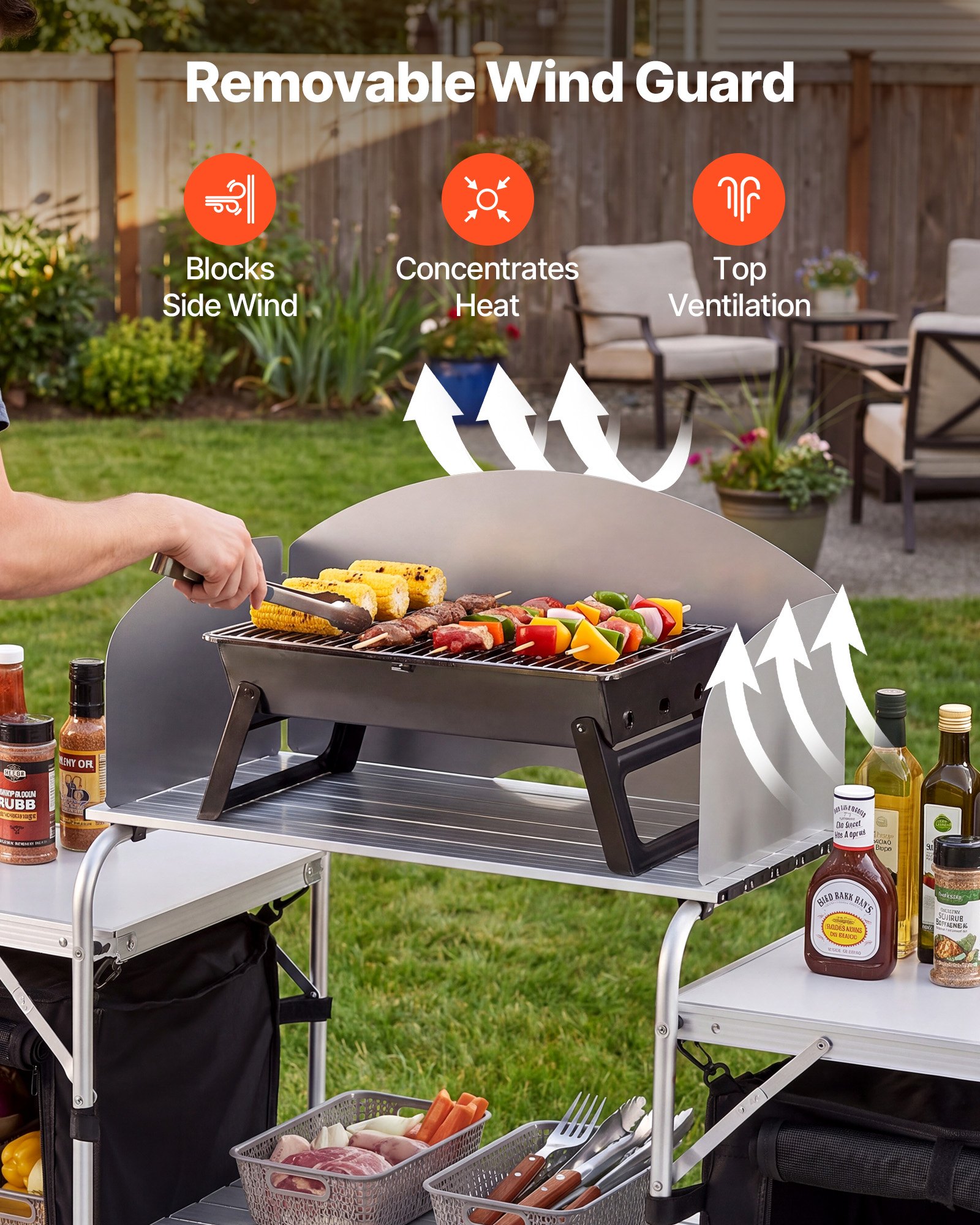 VEVOR Cocina de Camping Plegable 176 x 45 x 70 cm, Mesa de Cocina para Acampar con Protector contra Viento y Bolsa de Transporte, Mueble de Camping para Picnic, Barbacoa, Viajes en Autocaravana