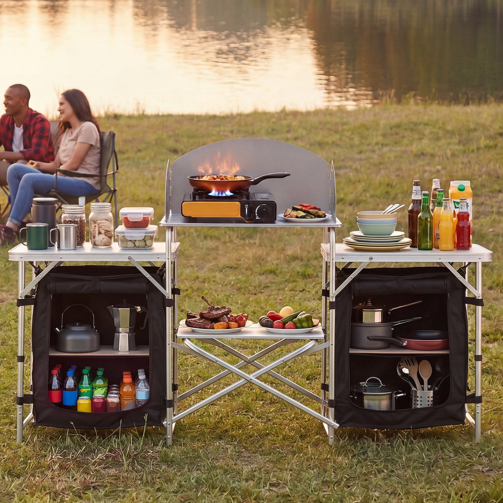 VEVOR Cocina de Camping Plegable 176 x 45 x 70 cm, Mesa de Cocina para Acampar con Protector contra Viento y Bolsa de Transporte, Mueble de Camping para Picnic, Barbacoa, Viajes en Autocaravana