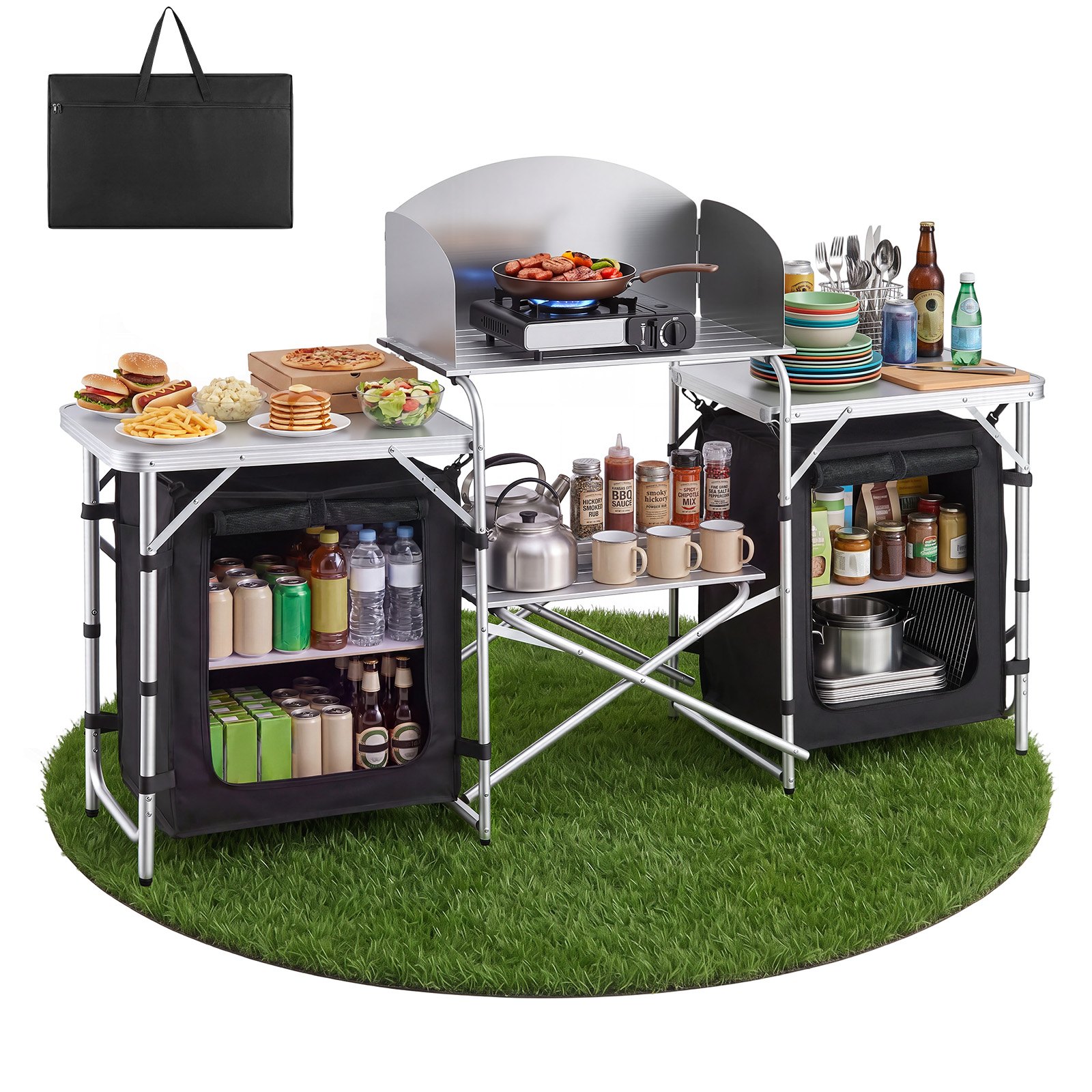 VEVOR Cocina de Camping Plegable 176 x 45 x 70 cm, Mesa de Cocina para Acampar con Protector contra Viento y Bolsa de Transporte, Mueble de Camping para Picnic, Barbacoa, Viajes en Autocaravana