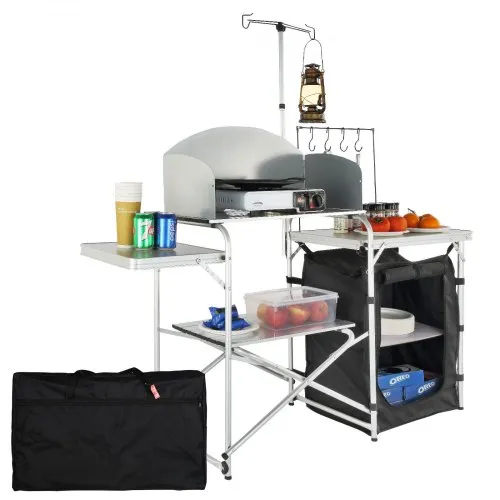 VEVOR Mesa de Cocina para Camping Plegable para Exteriores con Bolsa de Transporte, Estación de Cocina de Aluminio, 1 Armario y Parabrisas Desmontable, Montaje Rápido para Pícnics, Barbacoas, Negro