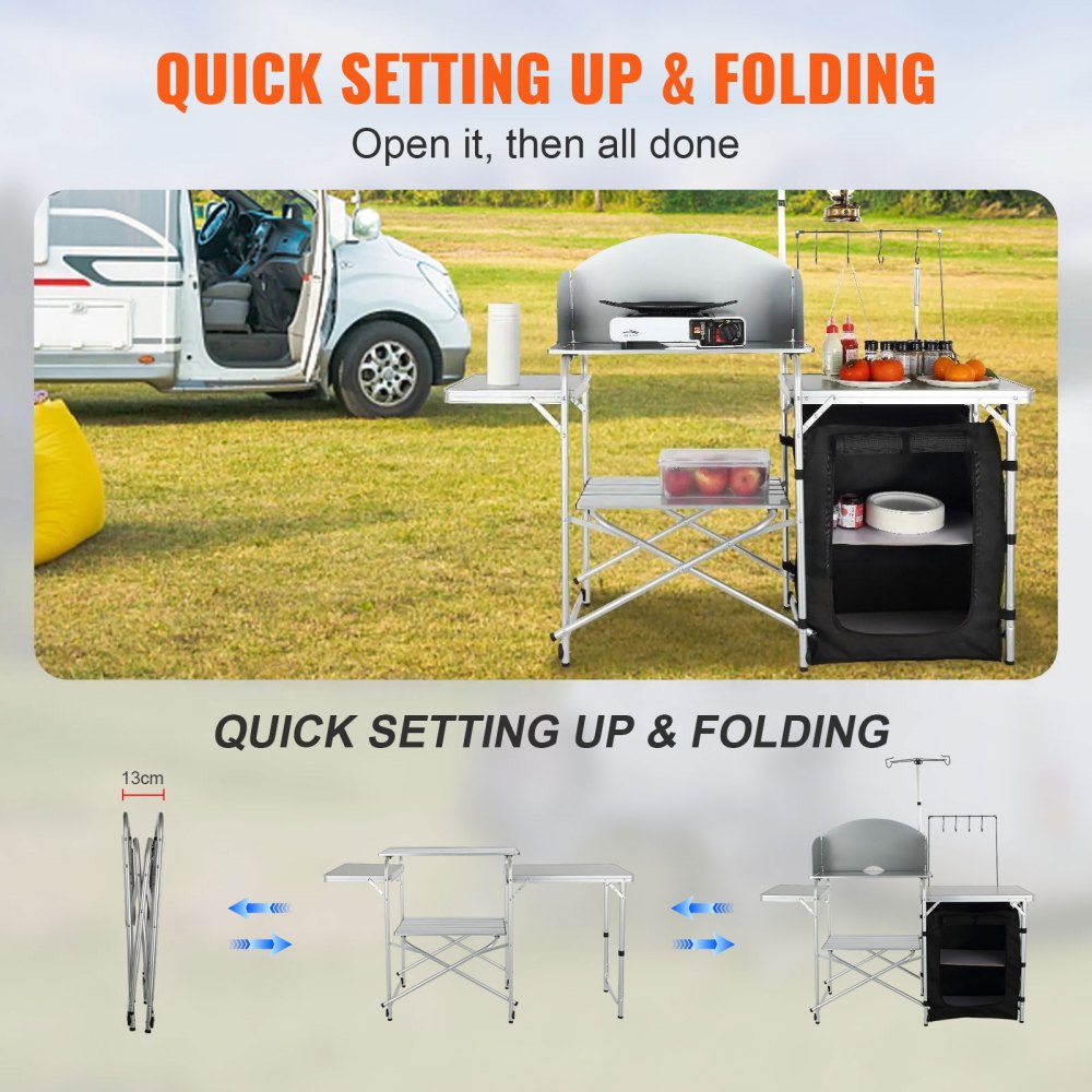 VEVOR Mesa de Cocina para Camping Plegable para Exteriores con Bolsa de Transporte, Estación de Cocina de Aluminio, 1 Armario y Parabrisas Desmontable, Montaje Rápido para Pícnics, Barbacoas, Negro
