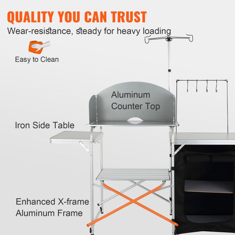 VEVOR Mesa de Cocina para Camping Plegable para Exteriores con Bolsa de Transporte, Estación de Cocina de Aluminio, 1 Armario y Parabrisas Desmontable, Montaje Rápido para Pícnics, Barbacoas, Negro