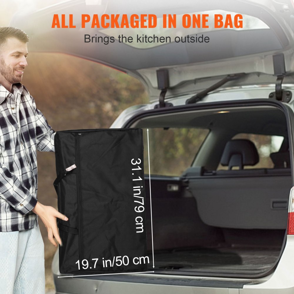 VEVOR Mesa de Cocina para Camping Plegable para Exteriores con Bolsa de Transporte, Estación de Cocina de Aluminio, 1 Armario y Parabrisas Desmontable, Montaje Rápido para Pícnics, Barbacoas, Negro