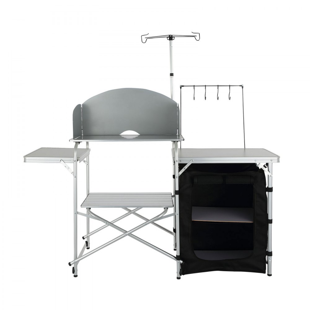 VEVOR Mesa de Cocina para Camping Plegable para Exteriores con Bolsa de Transporte, Estación de Cocina de Aluminio, 1 Armario y Parabrisas Desmontable, Montaje Rápido para Pícnics, Barbacoas, Negro