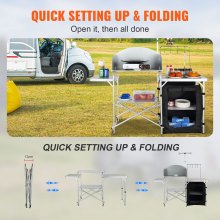 VEVOR Mesa de cocina para camping, plegable para exteriores con Bolsa de transporte, estación de cocina de aluminio, 1 Armario y Parabrisas Desmontable