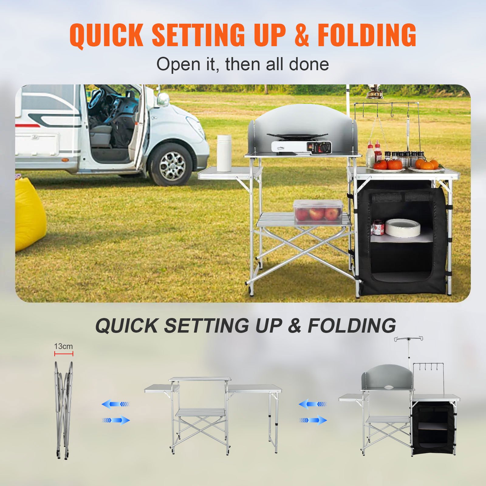 VEVOR Mesa de Cocina para Camping Plegable para Exteriores con Bolsa de Transporte, Estación de Cocina de Aluminio, 1 Armario y Parabrisas Desmontable, Montaje Rápido para Pícnics, Barbacoas, Negro