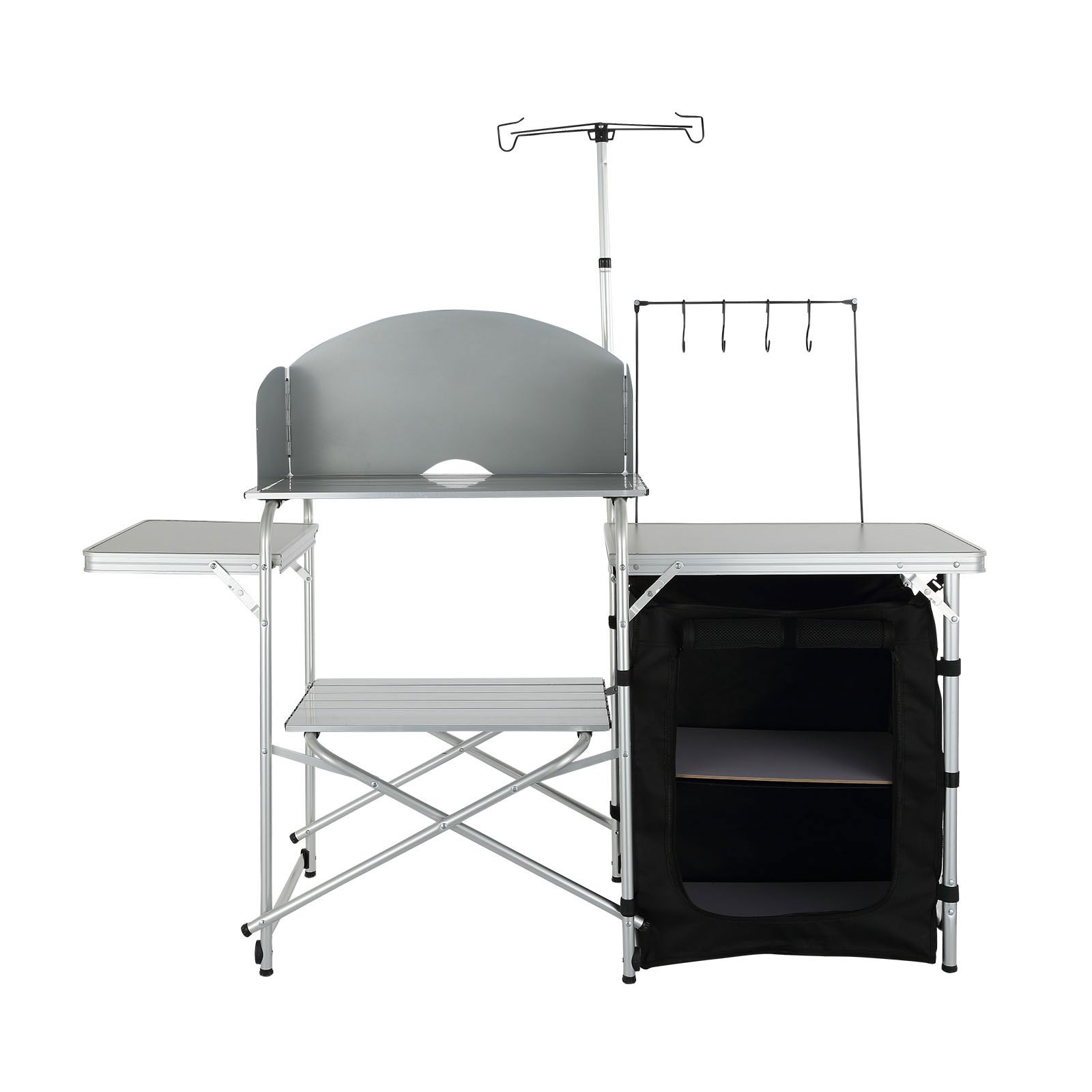 VEVOR Mesa de Cocina para Camping Plegable para Exteriores con Bolsa de Transporte, Estación de Cocina de Aluminio, 1 Armario y Parabrisas Desmontable, Montaje Rápido para Pícnics, Barbacoas, Negro