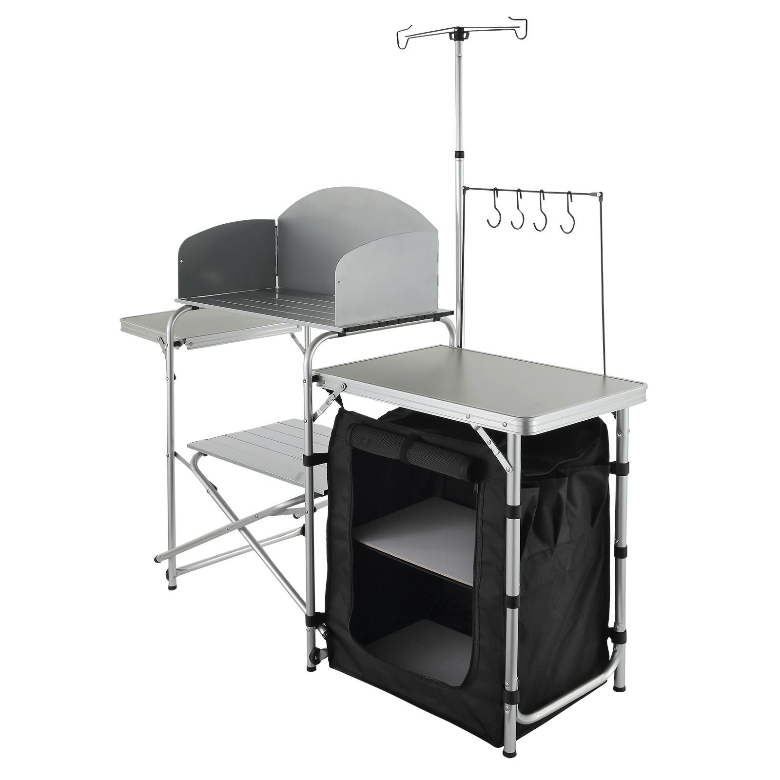 VEVOR Mesa de Cocina para Camping Plegable para Exteriores con Bolsa de Transporte, Estación de Cocina de Aluminio, 1 Armario y Parabrisas Desmontable, Montaje Rápido para Pícnics, Barbacoas, Negro