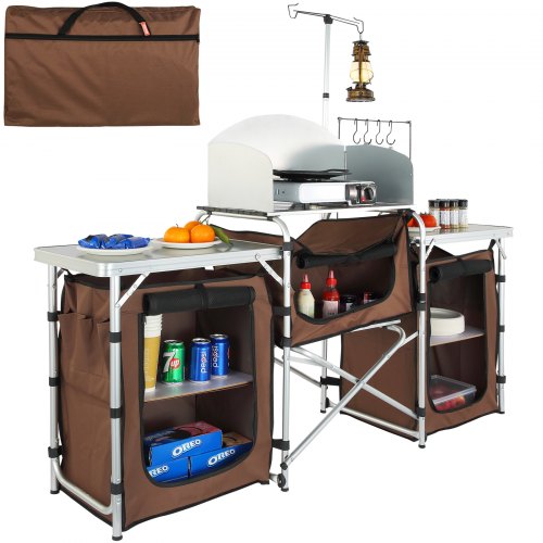 VEVOR Mueble de cocina para camping 174x176x46cm Armario de camping Plegable Portátil Estructura de aluminio Altura ajustable Mesa de cocina para camping