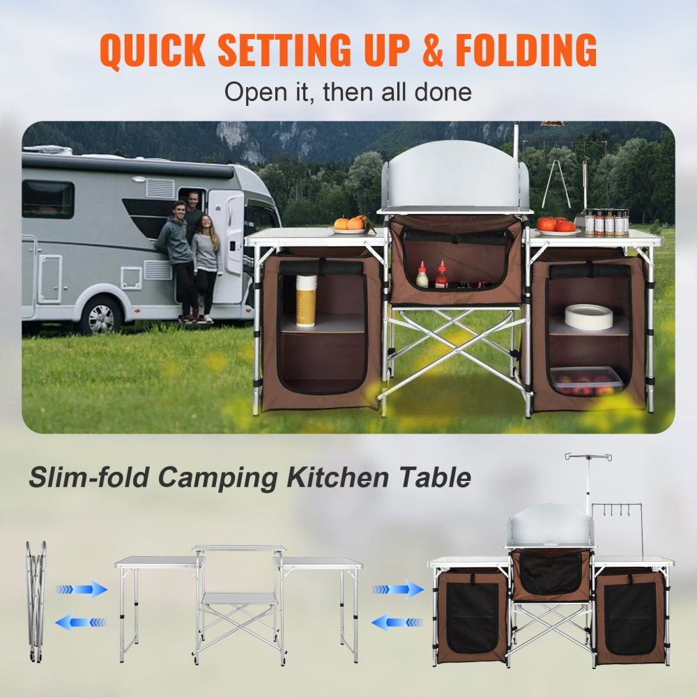 VEVOR Camping Kitchen Camping Cabinet 174 x 176 x 46 cm, Tabletop Kitchen with Lamp Pole & Hooks Travel Kitchen, Foldable Outdoor Kitchen Box Aluminum Frame Kitchen Cabinet Camping Stove for Camping, Picnics etc.