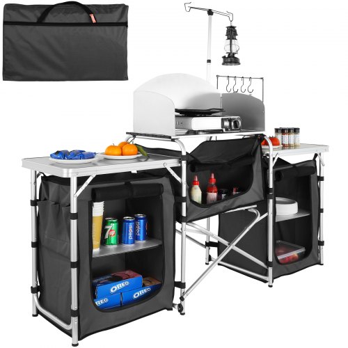 VEVOR Mueble de Cocina para Camping 174x176x46 cm Armario de Camping Plegable Portátil Estructura de Aluminio Altura Ajustable Mesa de cocina para acampar con Bolsa de Transporte para Barbacoa, Negro