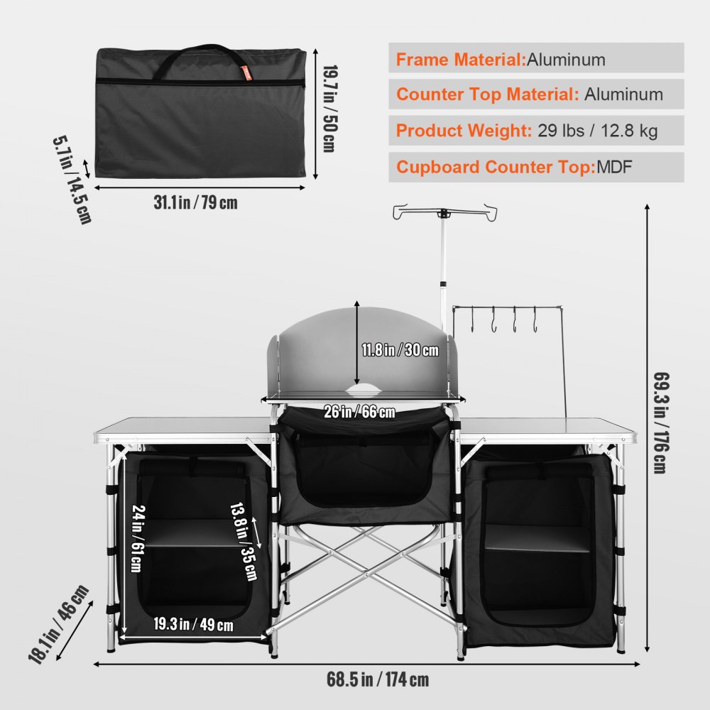 VEVOR Mueble de Cocina para Camping 174x176x46 cm Armario de Camping Plegable Portátil Estructura de Aluminio Altura Ajustable Mesa de cocina para acampar con Bolsa de Transporte para Barbacoa, Negro