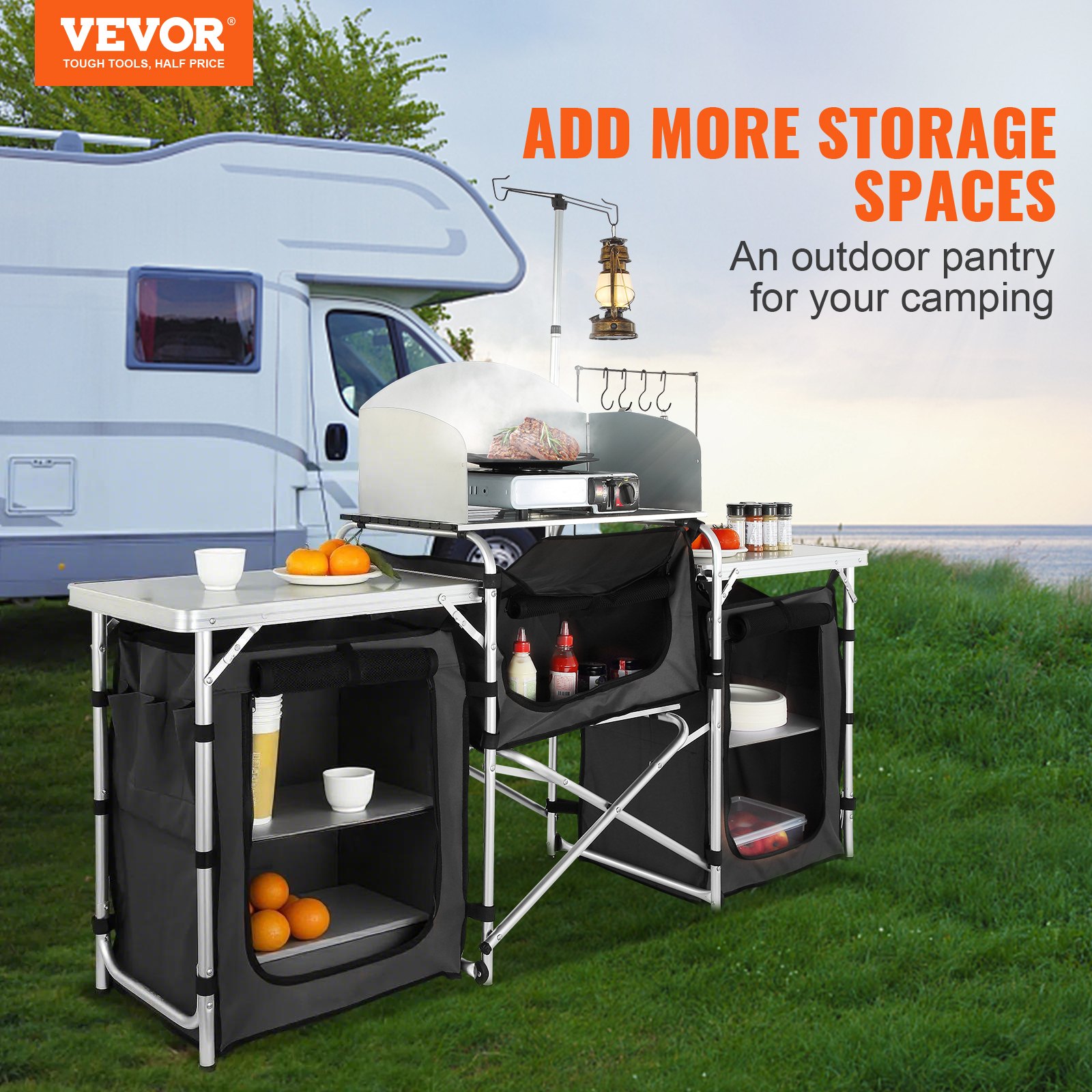VEVOR Camping Kitchen Table, Foldable Outdoor Cooking Table with Storage Bag, Aluminum Cooking Station with 3 Cabinets and Removable Windscreen, Quick Setup for Picnics, Barbecues, etc.