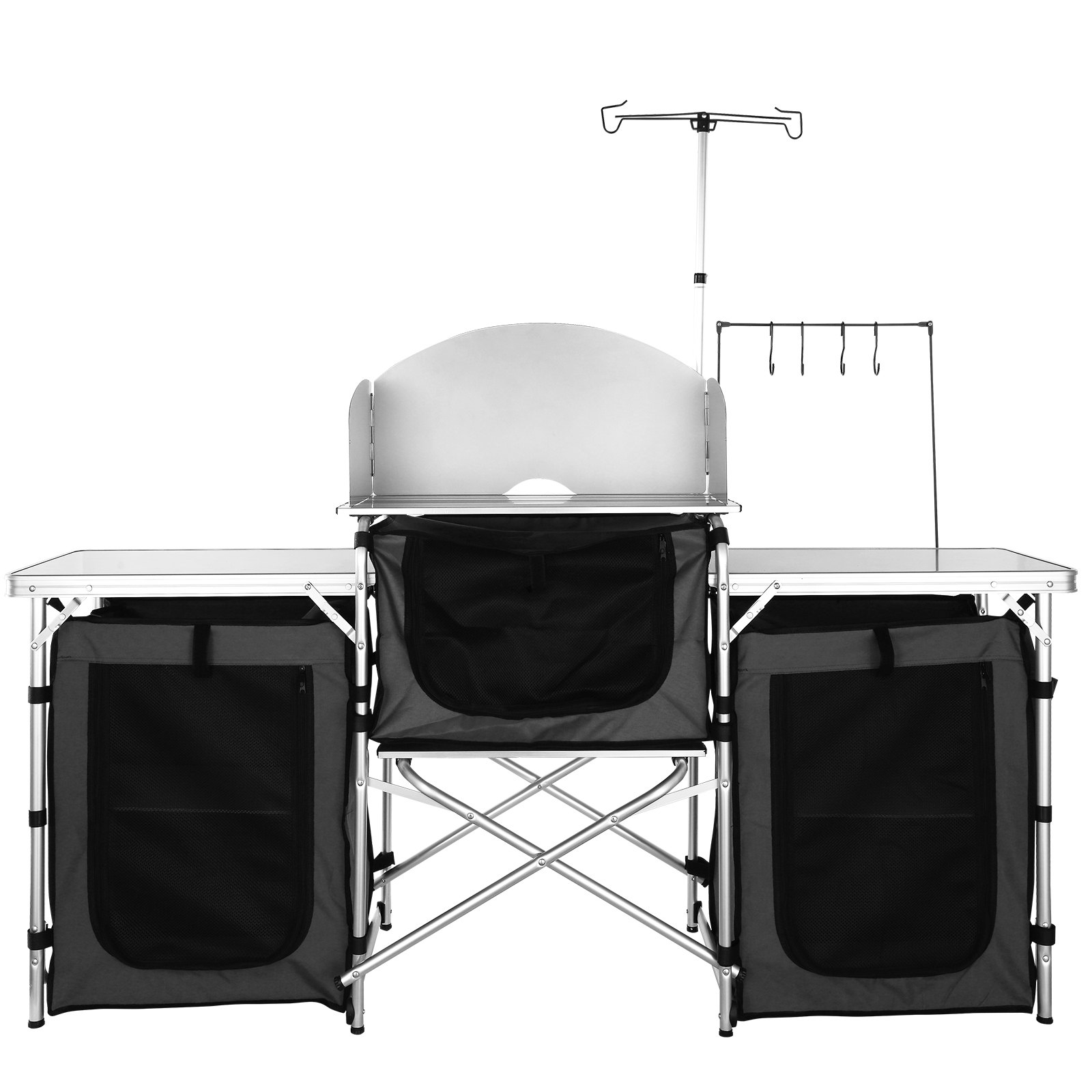 VEVOR Camping Kitchen Table, Foldable Outdoor Cooking Table with Storage Bag, Aluminum Cooking Station with 3 Cabinets and Removable Windscreen, Quick Setup for Picnics, Barbecues, etc.