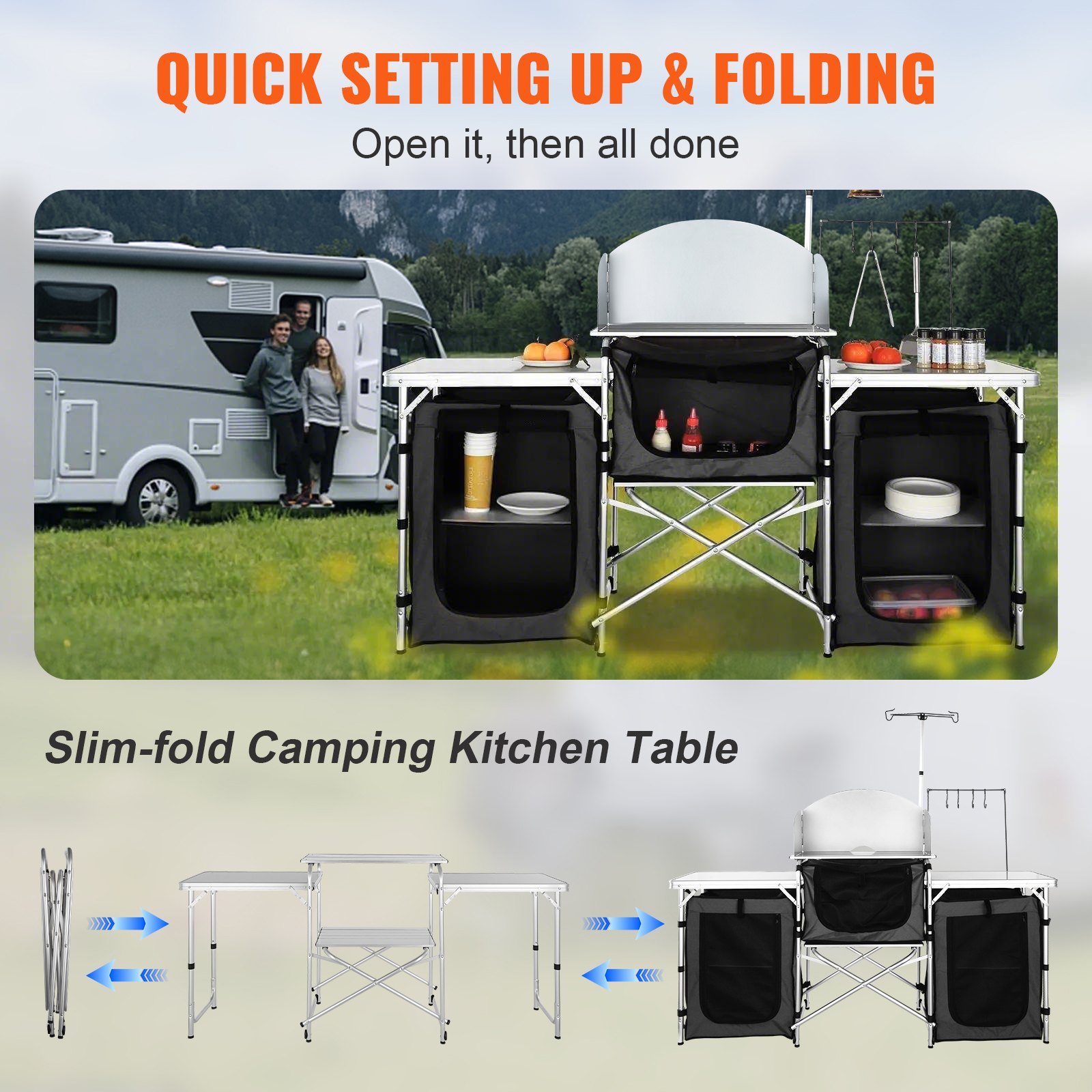 VEVOR Mueble de Cocina para Camping 174x176x46 cm Armario de Camping Plegable Portátil Estructura de Aluminio Altura Ajustable Mesa de cocina para acampar con Bolsa de Transporte para Barbacoa, Negro