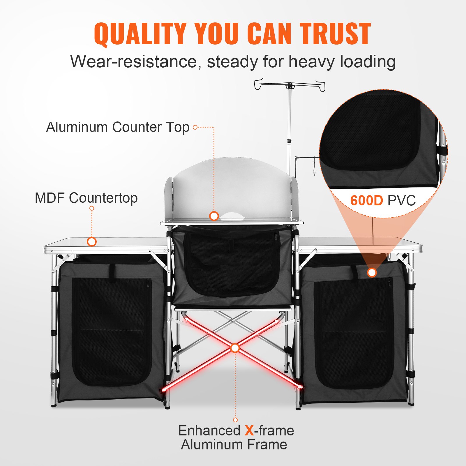 VEVOR Mueble de Cocina para Camping 174x176x46 cm Armario de Camping Plegable Portátil Estructura de Aluminio Altura Ajustable Mesa de cocina para acampar con Bolsa de Transporte para Barbacoa, Negro
