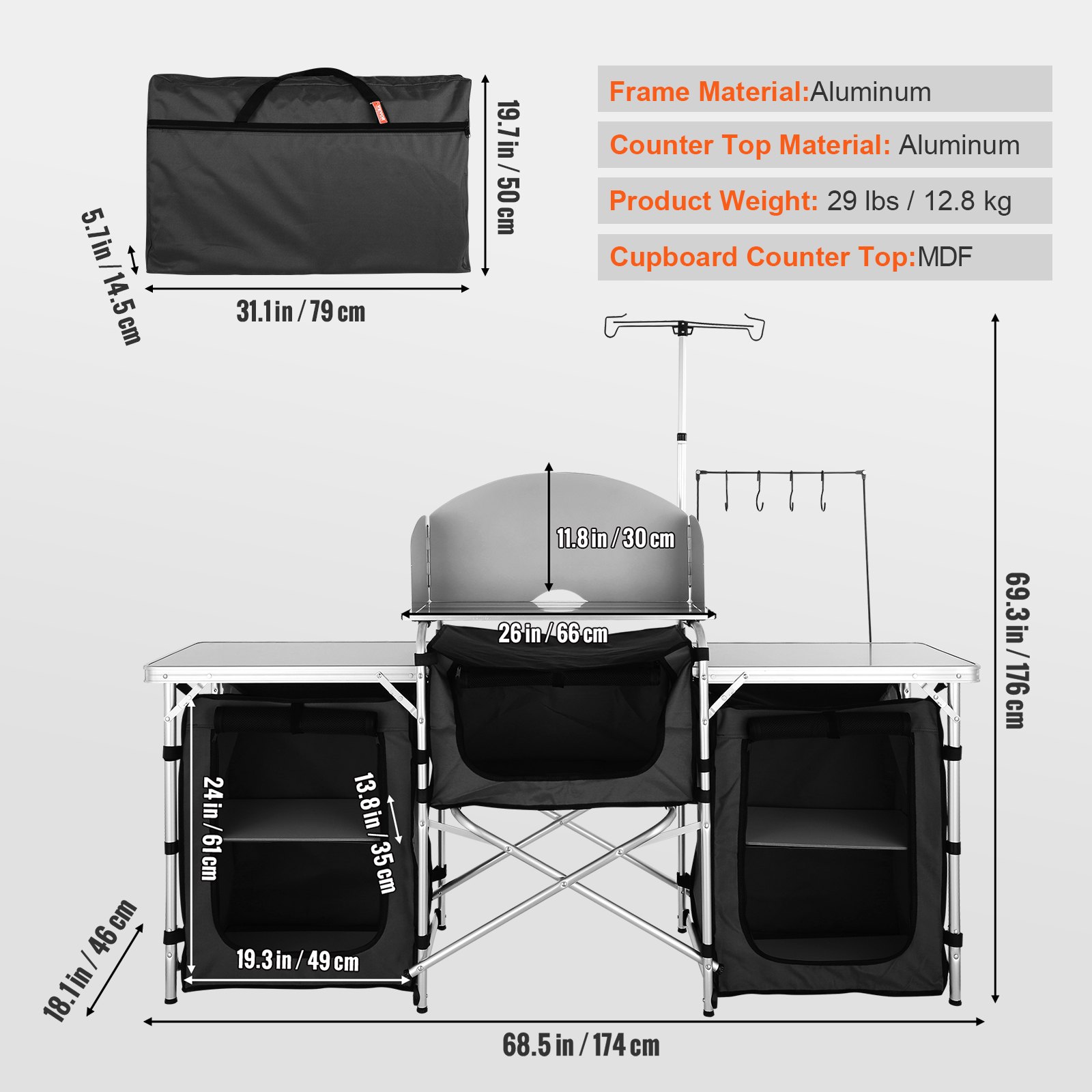 VEVOR Mueble de Cocina para Camping 174x176x46 cm Armario de Camping Plegable Portátil Estructura de Aluminio Altura Ajustable Mesa de cocina para acampar con Bolsa de Transporte para Barbacoa, Negro