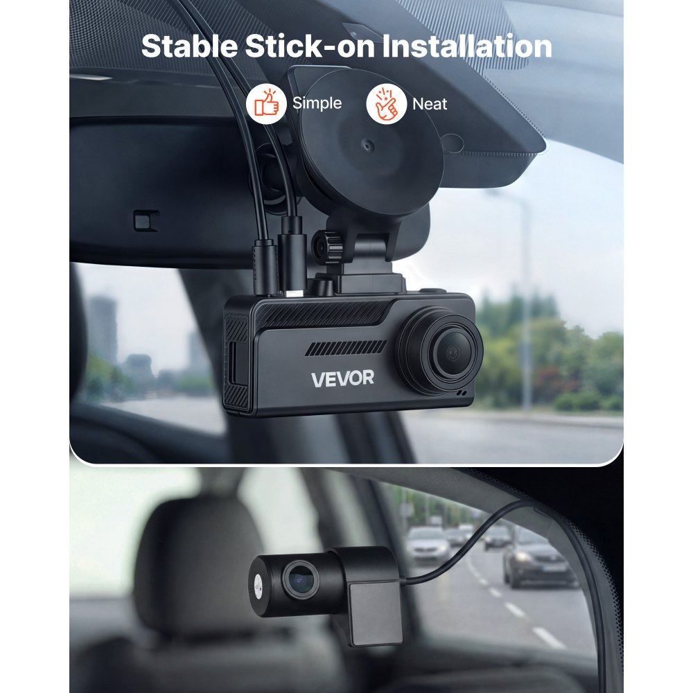 VEVOR Cámara de Salpicadero para Coche con Ventosa, Dashcam Frontal y Trasera 4K+1080P, con Tarjeta de 64 GB, GPS Integrado, Sensor G, Ángulo de Visión Frontal 129° y Trasero 125°, Grabación en Bucle