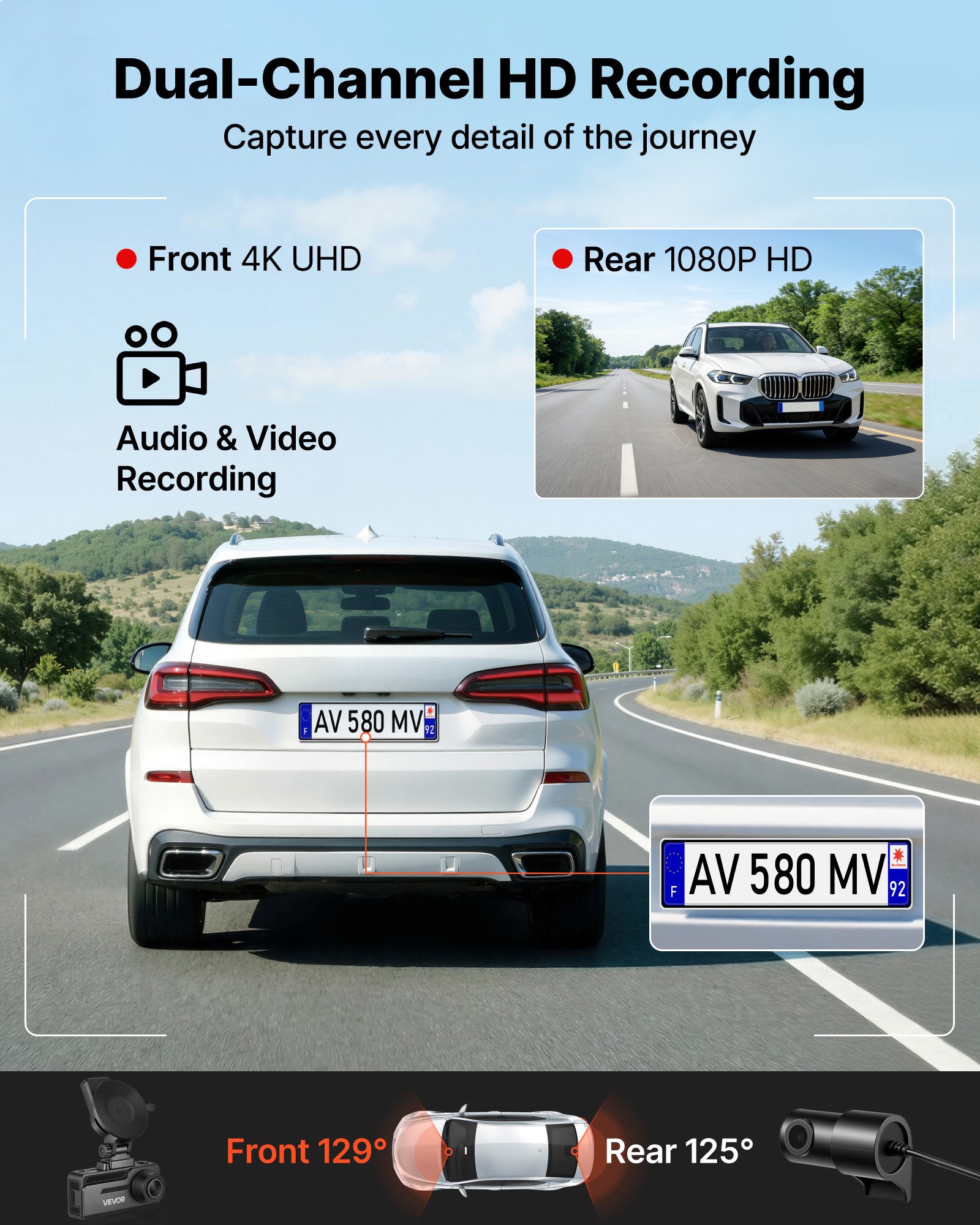 VEVOR Cámara de Salpicadero para Coche con Ventosa, Dashcam Frontal y Trasera 4K+1080P, con Tarjeta de 64 GB, GPS Integrado, Sensor G, Ángulo de Visión Frontal 129° y Trasero 125°, Grabación en Bucle