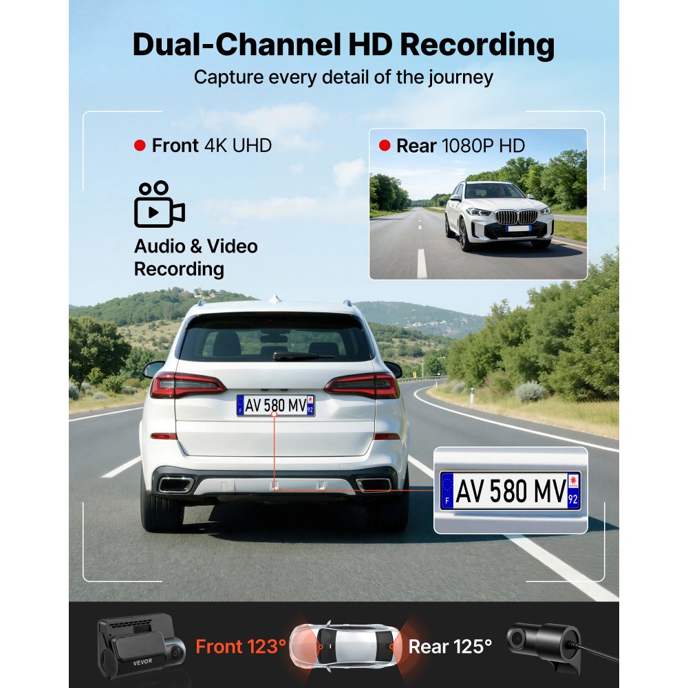 VEVOR Cámara de Salpicadero para Coche Dashcam Frontal y Trasera 4K+1080P, Control por Aplicación WiFi, con GPS Integrado, Sensor G, Ángulo de Visión Frontal 123° y Trasero 125°, Grabación en Bucle