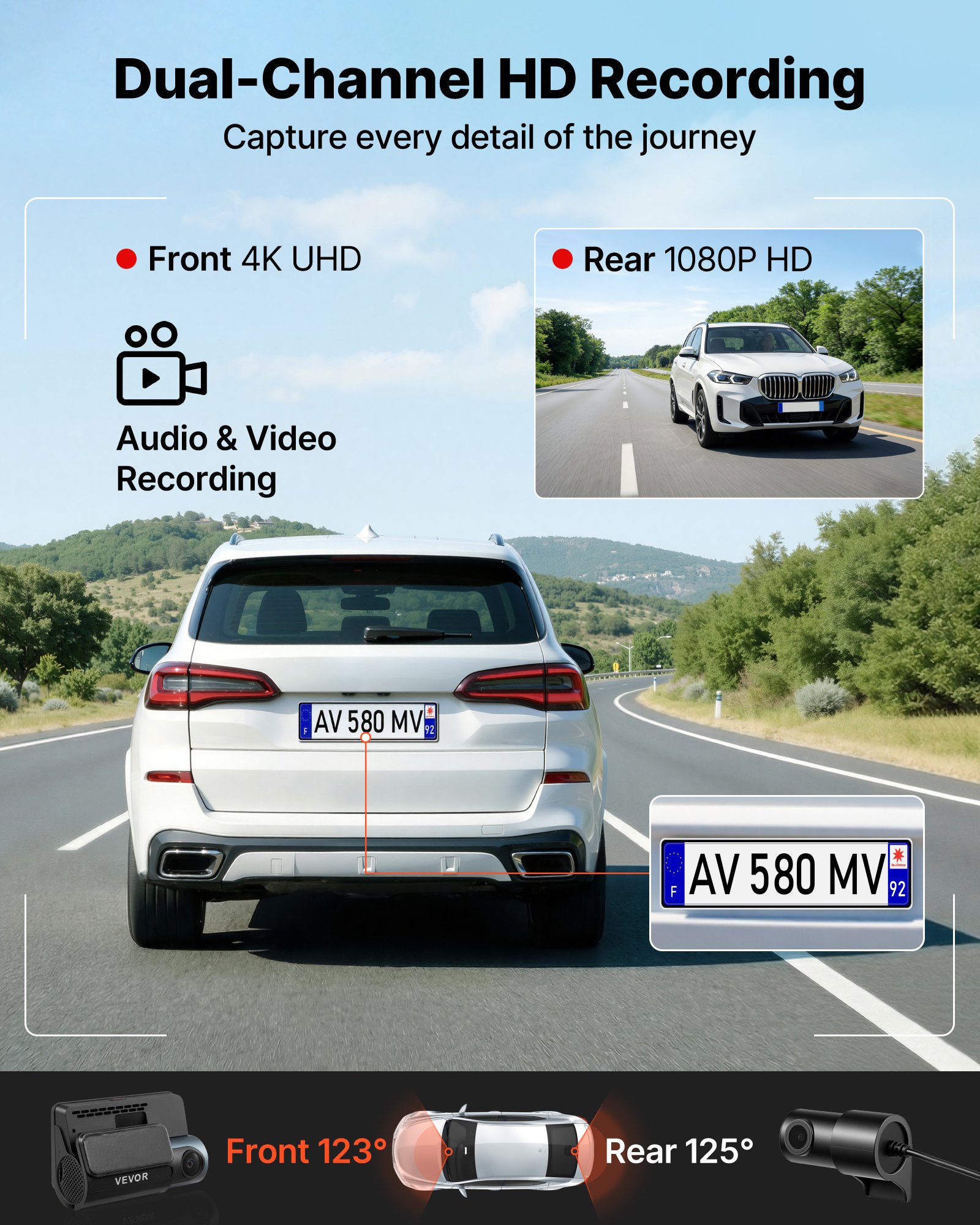 VEVOR Cámara de Salpicadero para Coche Dashcam Frontal y Trasera 4K+1080P, Control por Aplicación WiFi, con GPS Integrado, Sensor G, Ángulo de Visión Frontal 123° y Trasero 125°, Grabación en Bucle