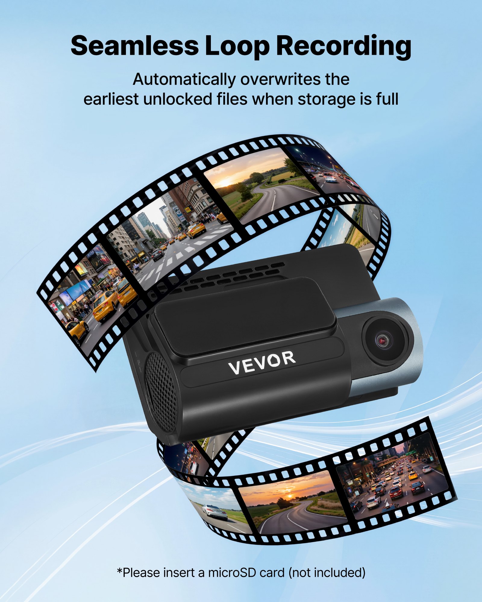 VEVOR Cámara de Salpicadero para Coche Dashcam Frontal y Trasera 4K+1080P, Control por Aplicación WiFi, con GPS Integrado, Sensor G, Ángulo de Visión Frontal 123° y Trasero 125°, Grabación en Bucle