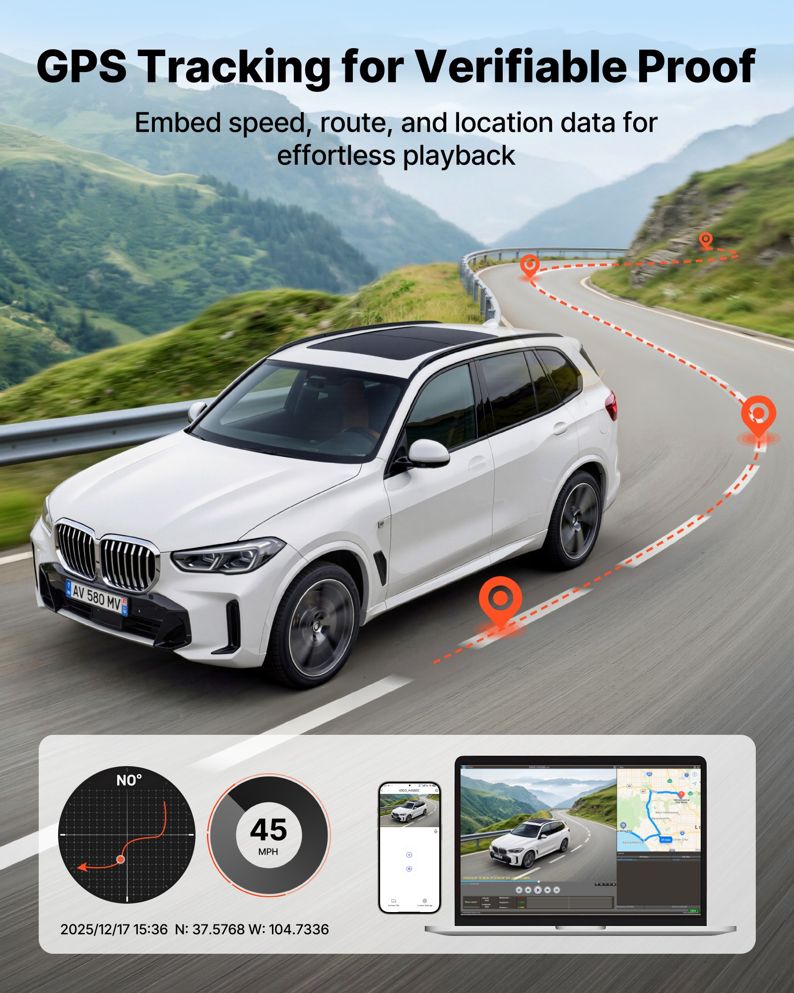 VEVOR Cámara de Salpicadero para Coche Dashcam Frontal y Trasera 4K+1080P, Control por Aplicación WiFi, con GPS Integrado, Sensor G, Ángulo de Visión Frontal 123° y Trasero 125°, Grabación en Bucle
