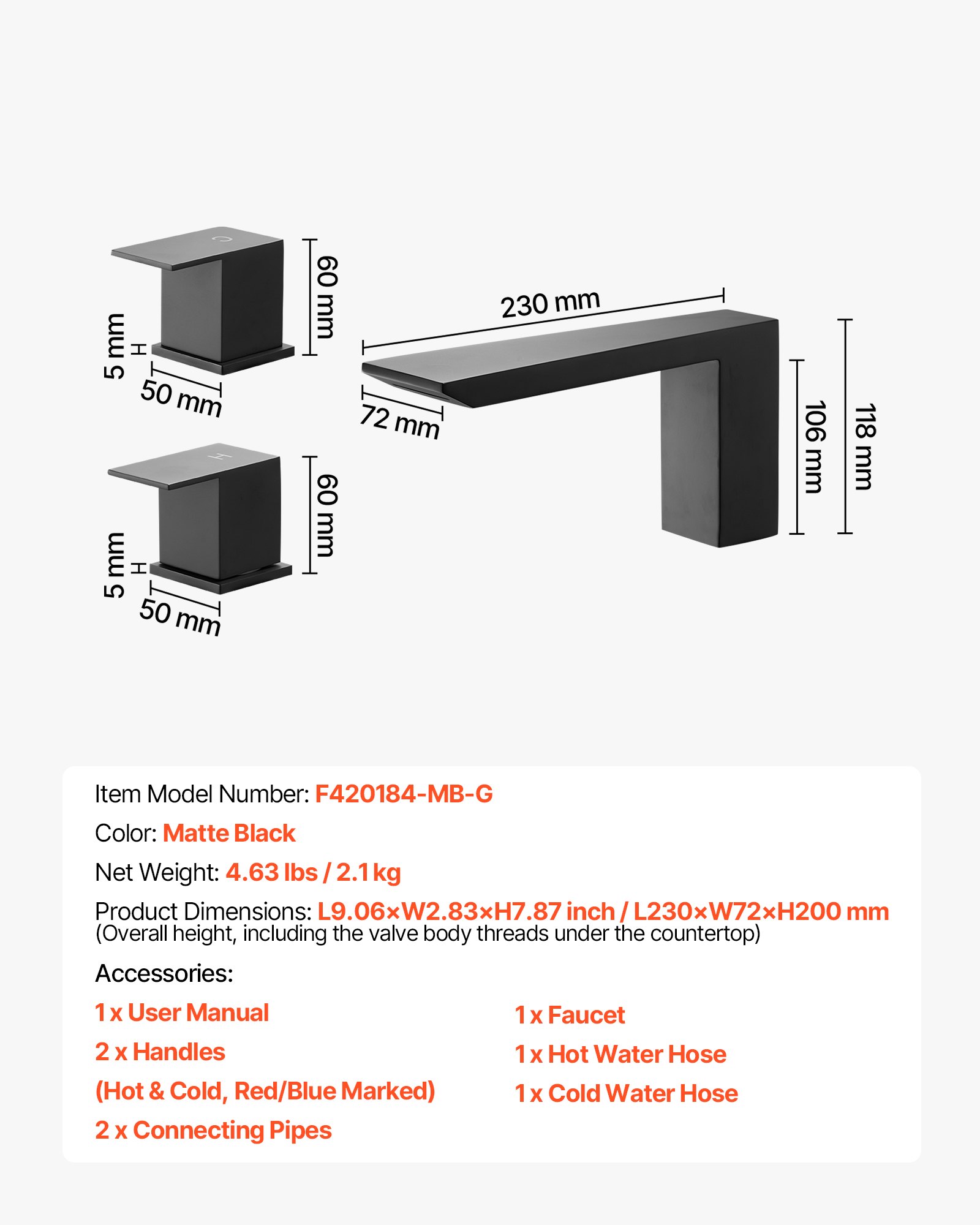 VEVOR Grifo de Bañera Romano con 3 Orificios y 2 Manijas, Acero Inoxidable, Válvula Antigoteo, con Caño Estrecho para Montaje en Cubierta, Ideal para Bañar Mascotas y Adultos, 200 x 230 x 72 mm