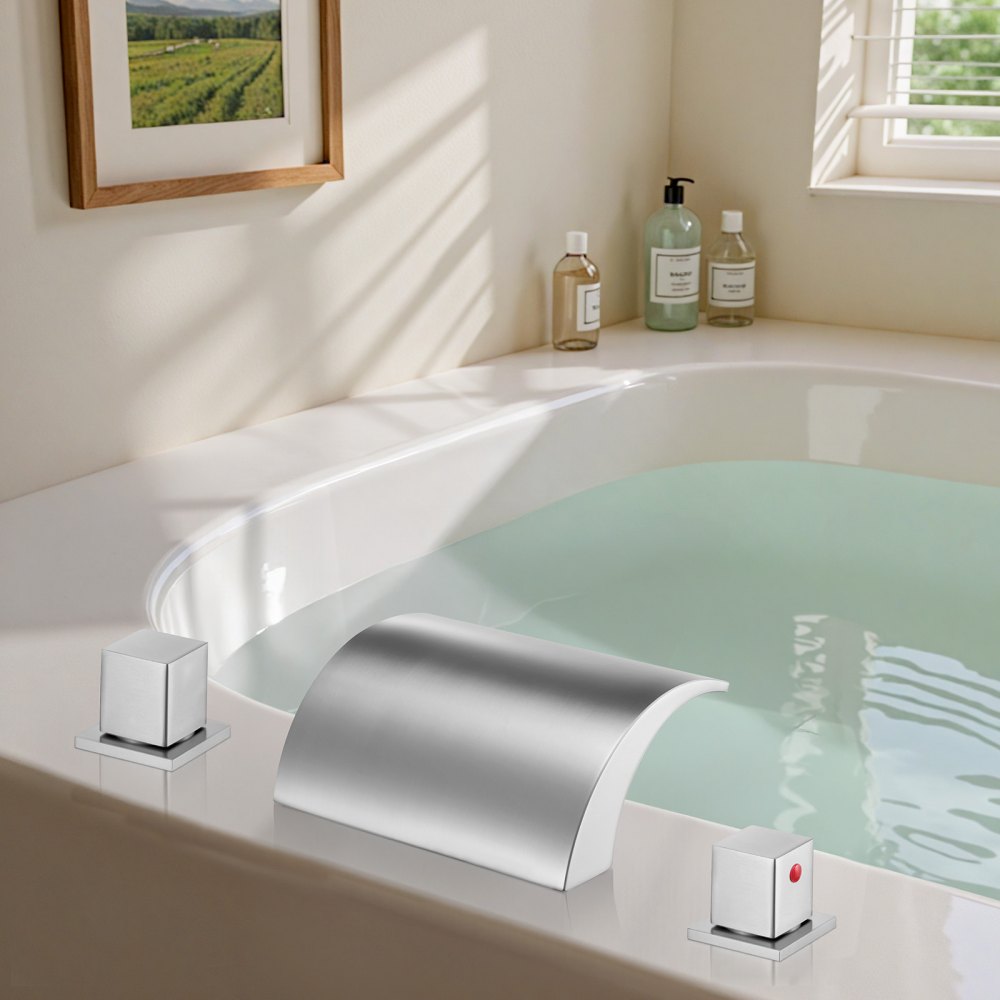 VEVOR Grifo de Bañera Romano de 3 Orificios y 2 Manijas, de Acero Inoxidable con Caño Bajo para Montaje en Cubierta, para Lavar Mascotas, Fácil de Instalar, Color Plateado, 135 x 180 x 170 mm