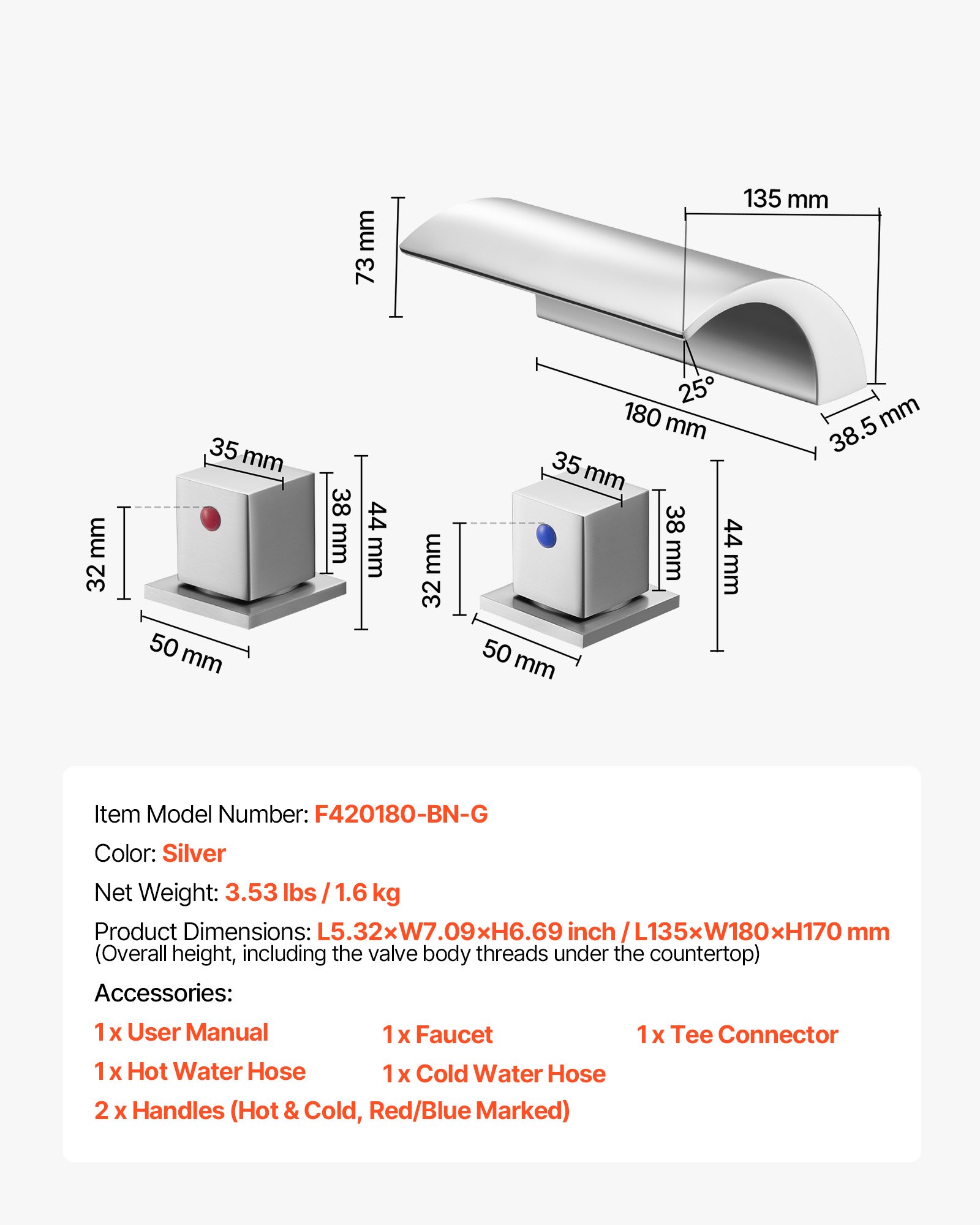 VEVOR Grifo de Bañera Romano de 3 Orificios y 2 Manijas, de Acero Inoxidable con Caño Bajo para Montaje en Cubierta, para Lavar Mascotas, Fácil de Instalar, Color Plateado, 135 x 180 x 170 mm