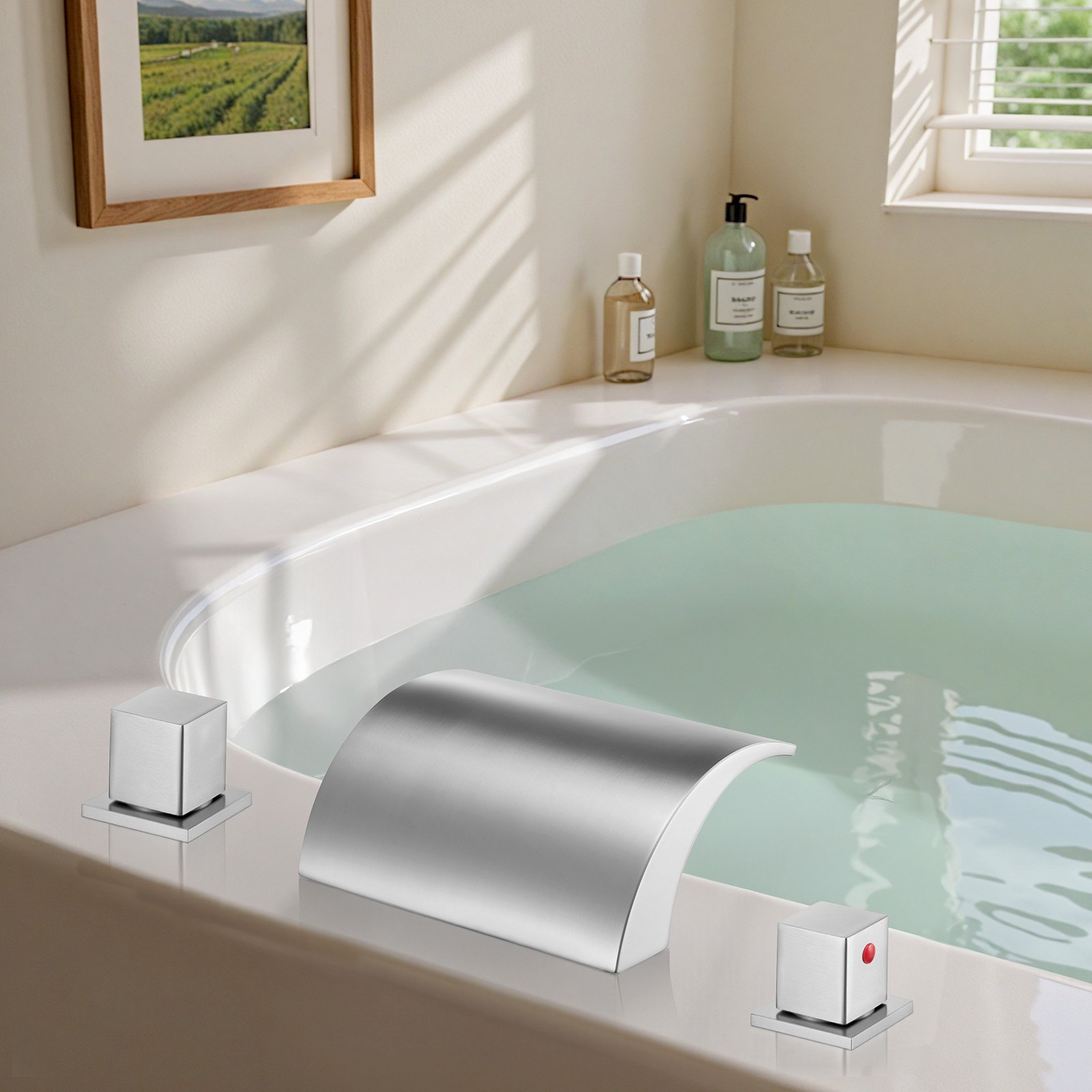 VEVOR Grifo de Bañera Romano de 3 Orificios y 2 Manijas, de Acero Inoxidable con Caño Bajo para Montaje en Cubierta, para Lavar Mascotas, Fácil de Instalar, Color Plateado, 135 x 180 x 170 mm